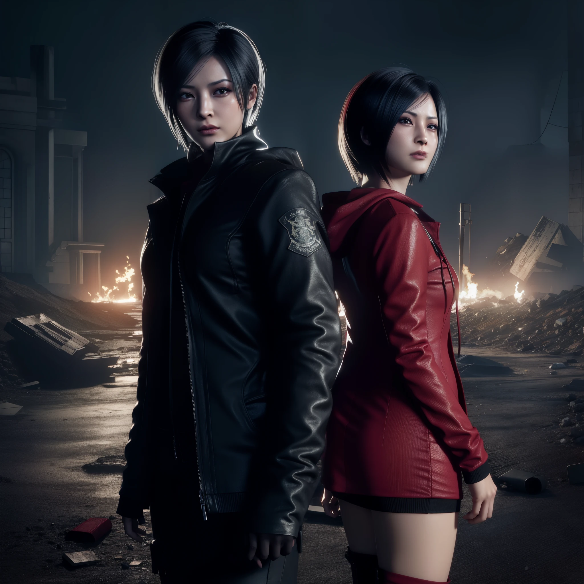 Ada wong ,Woman, wearing red hoody dress, bob hair, red polish, Calm expression, glare