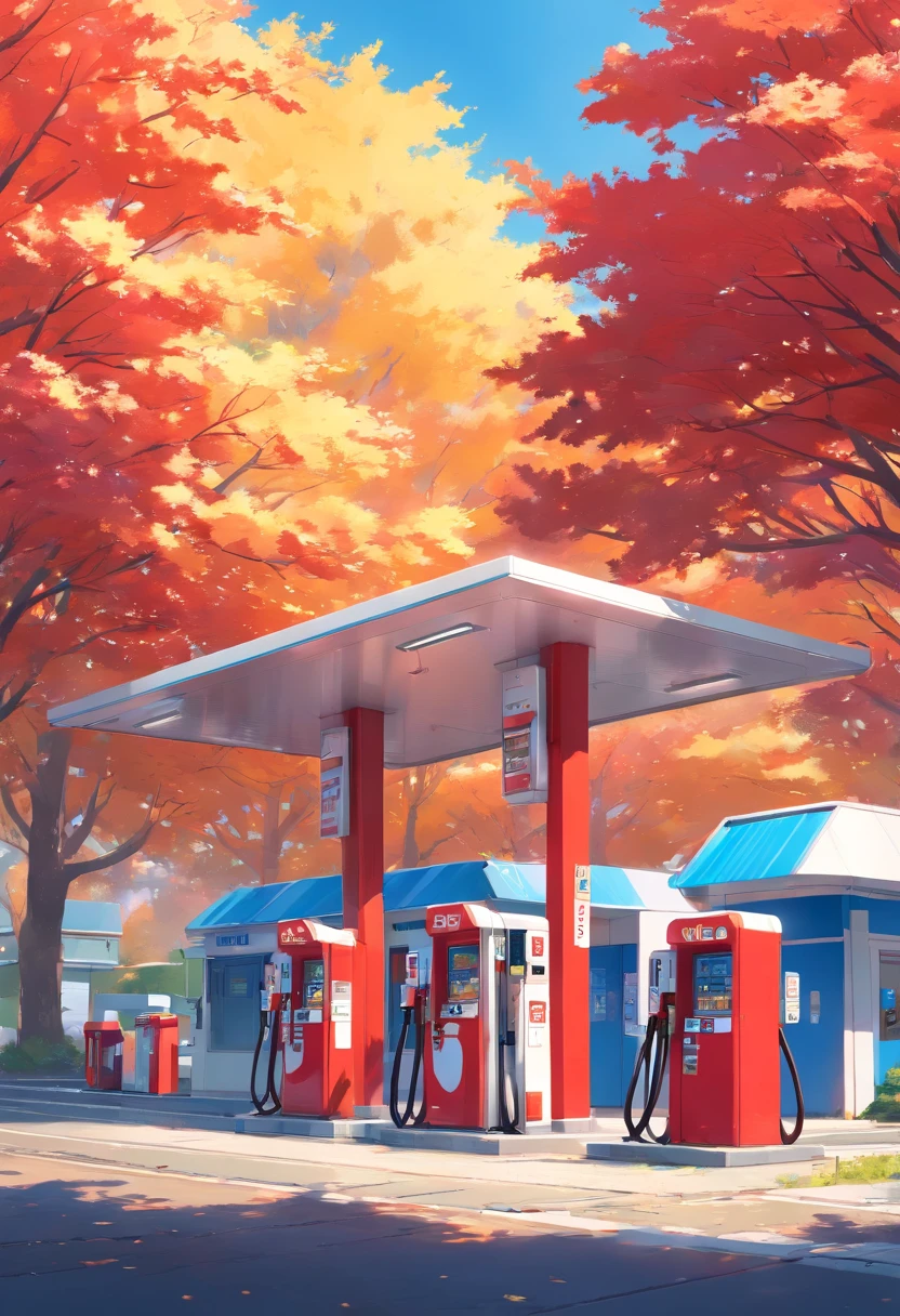HighestQuali,Ultra-clear details,Red gas station under blue sky and white clouds,The vista is of golden trees,Bright colors,white backgrounid,Flat style