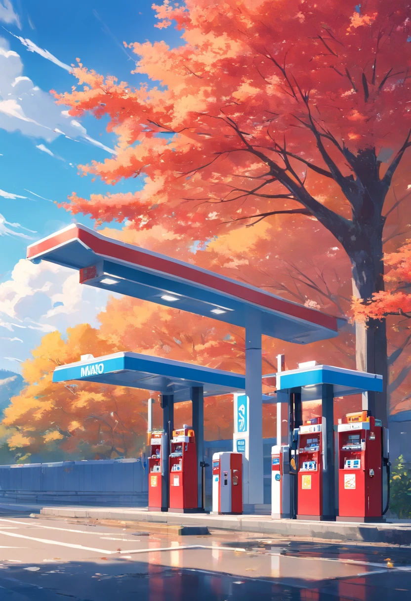 HighestQuali，Ultra-clear details，Red gas station under blue sky and white clouds，The vista is of golden trees，Bright colors，white backgrounid，Flat style