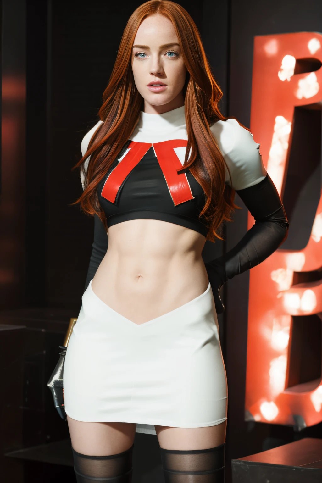 face of Caity Lotz, 1girl,team rocket,team rocket uniform, red letter R, white skirt,white crop top,black thigh-highs,black elbow gloves