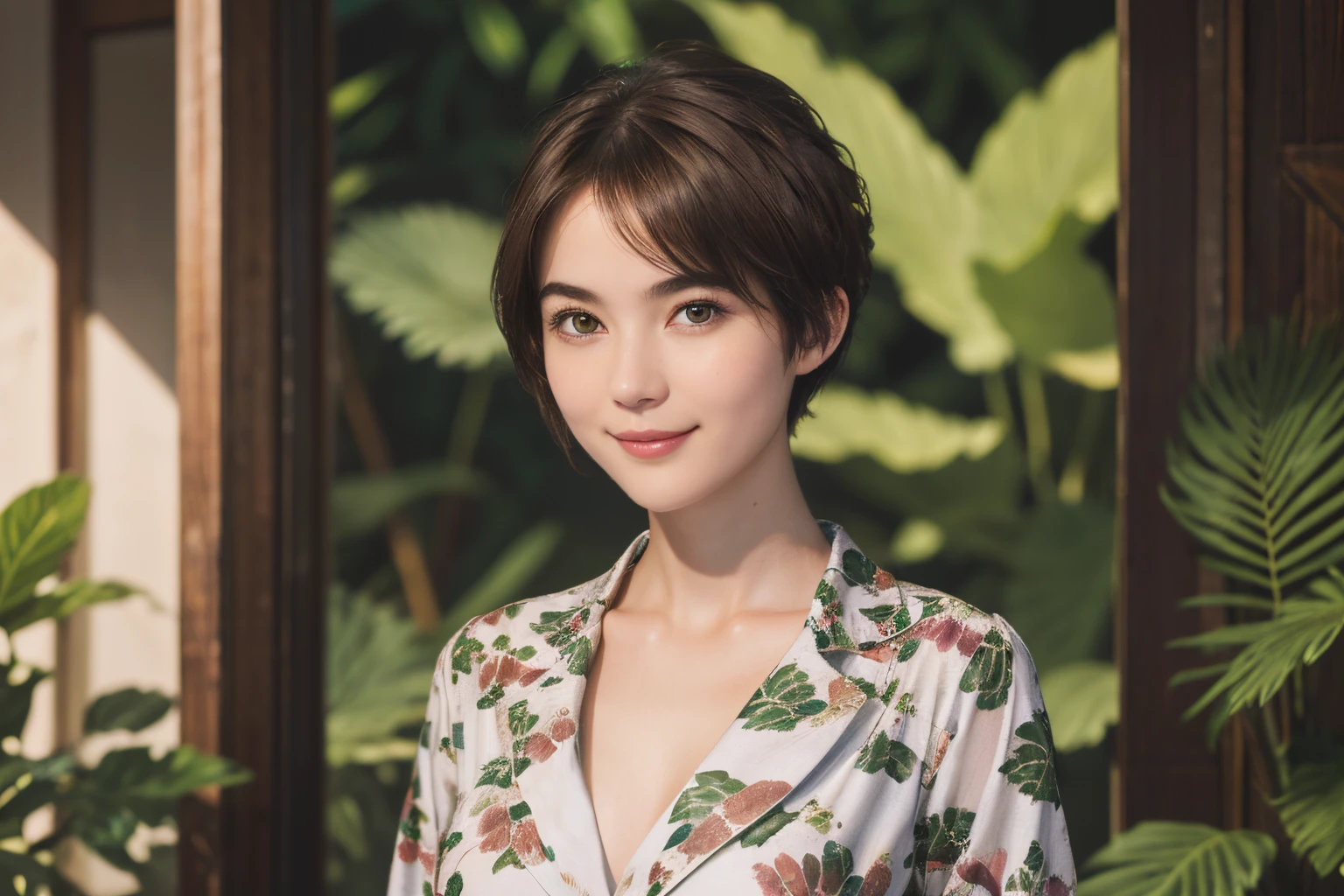 112
(a 20 yo woman,is standing), (A hyper-realistic), (high-level image quality), ((beautiful hairstyle 46)), ((short-hair)), (Gentle smile), (breasted:1.1), (wildlife print clothing), (There is a chameleon)