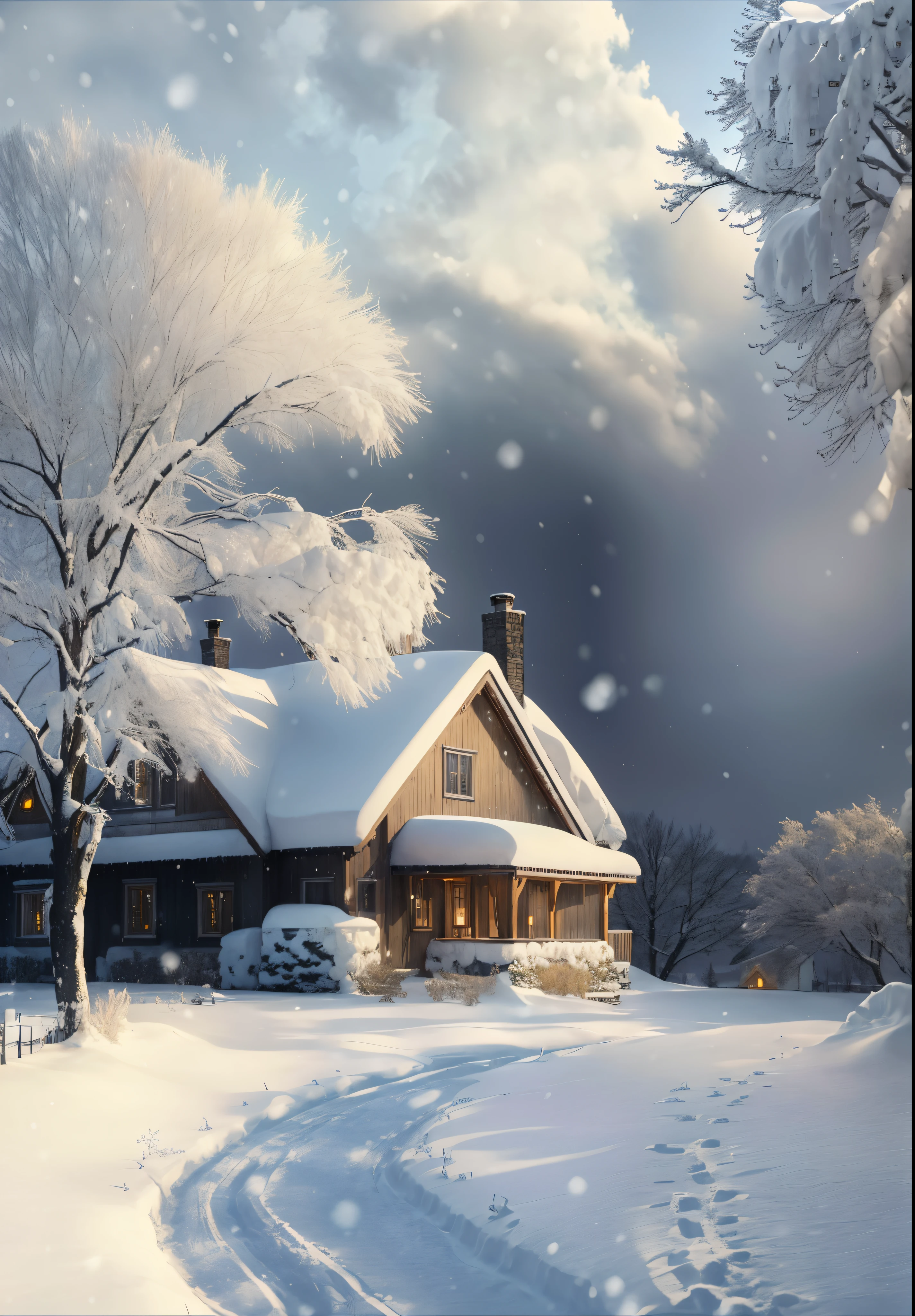 Snowy scene of house and tree in snowy field, cozy home background, Cozy wallpaper, Winter Fantasy Scene, Snowy winter, Winter snow, Winter atmosphere, house background, Snowy Winter Scene, Winter Wednesday, winter in the snow, Cold, snowy, covered with snow, beautiful house, Winter time, winter painting, Beautifully detailed scene, wintertime