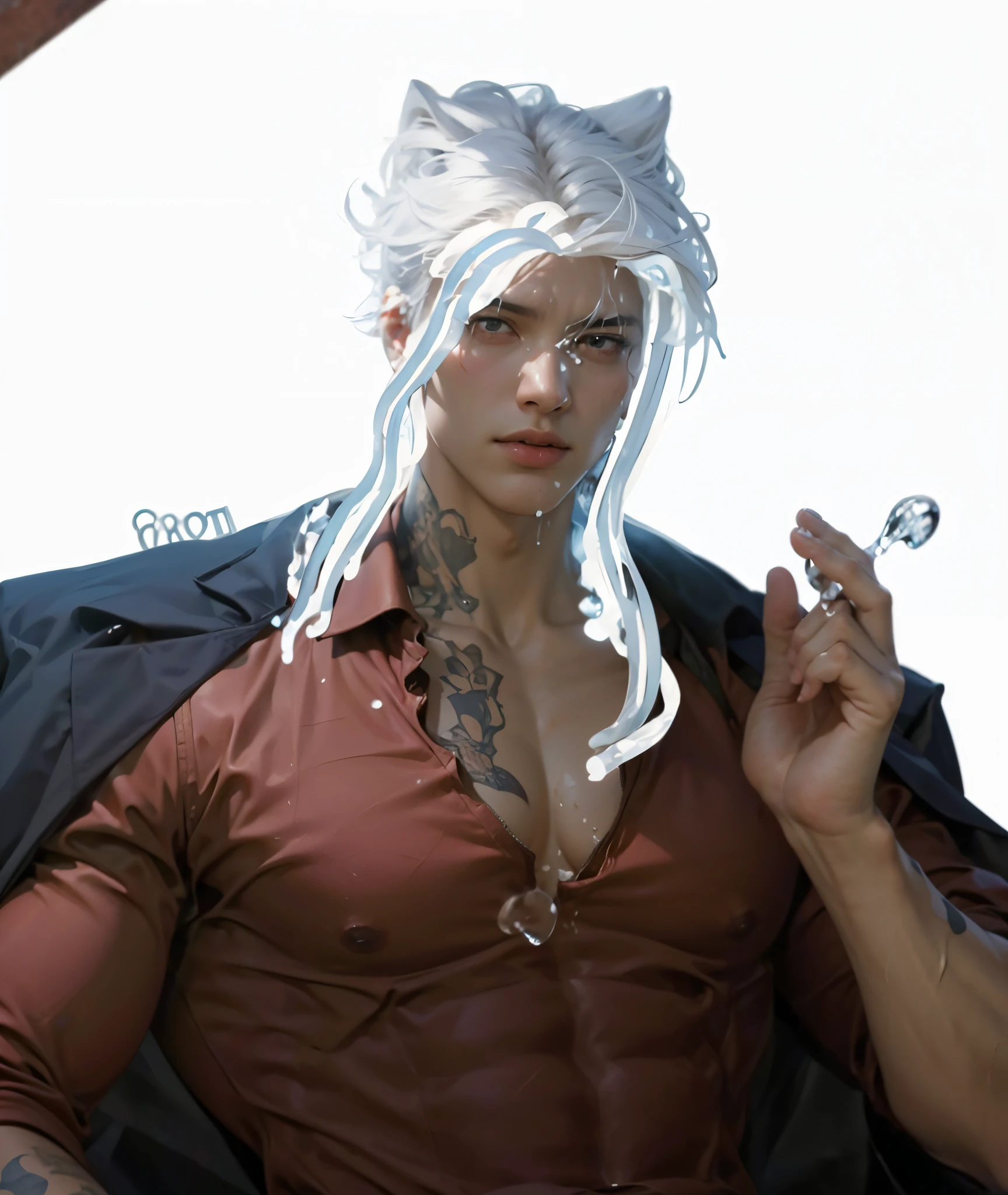 (max resolution: 1.2), (Ultra HDTV: 1.2), 8K resolution, Eye and skin details, detailed facial features, , (Sharp focus: 1, 2), ( Accurate focus) facial expressions: 1,2), 1 boy standing, 20-25 years old, (White hair with a slight blue tint), (Shirtless), Shirtless, Perfect muscles, 8 pack, (light sweat, white fluid, splashing all over the body), (Black briefs), Blue sky, Tree mortar, Transplant, ((Little drops of water on 8-pack abs)), (((water, water))), splashed all over his face, splashed all over his abs, splashed all over his body, his face turned red from embarrassment. ((There is a faint word SelenaAI in the corner of the photo)),