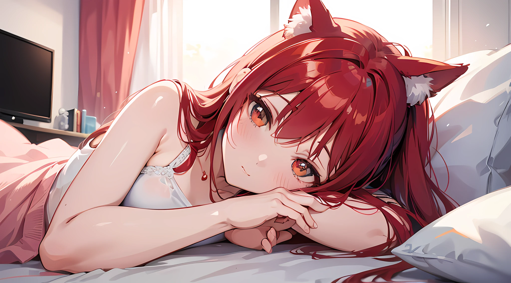 a close up of a person laying on a bed with a red hair, red blush on her face, nekomimi girl, the nekomimi girl portrait, trending on cgstation, “ anime, trending at cgstation,“anime girl, anime”, ig model | artgerm, artgerm comic, realistic lighting, ray tracing