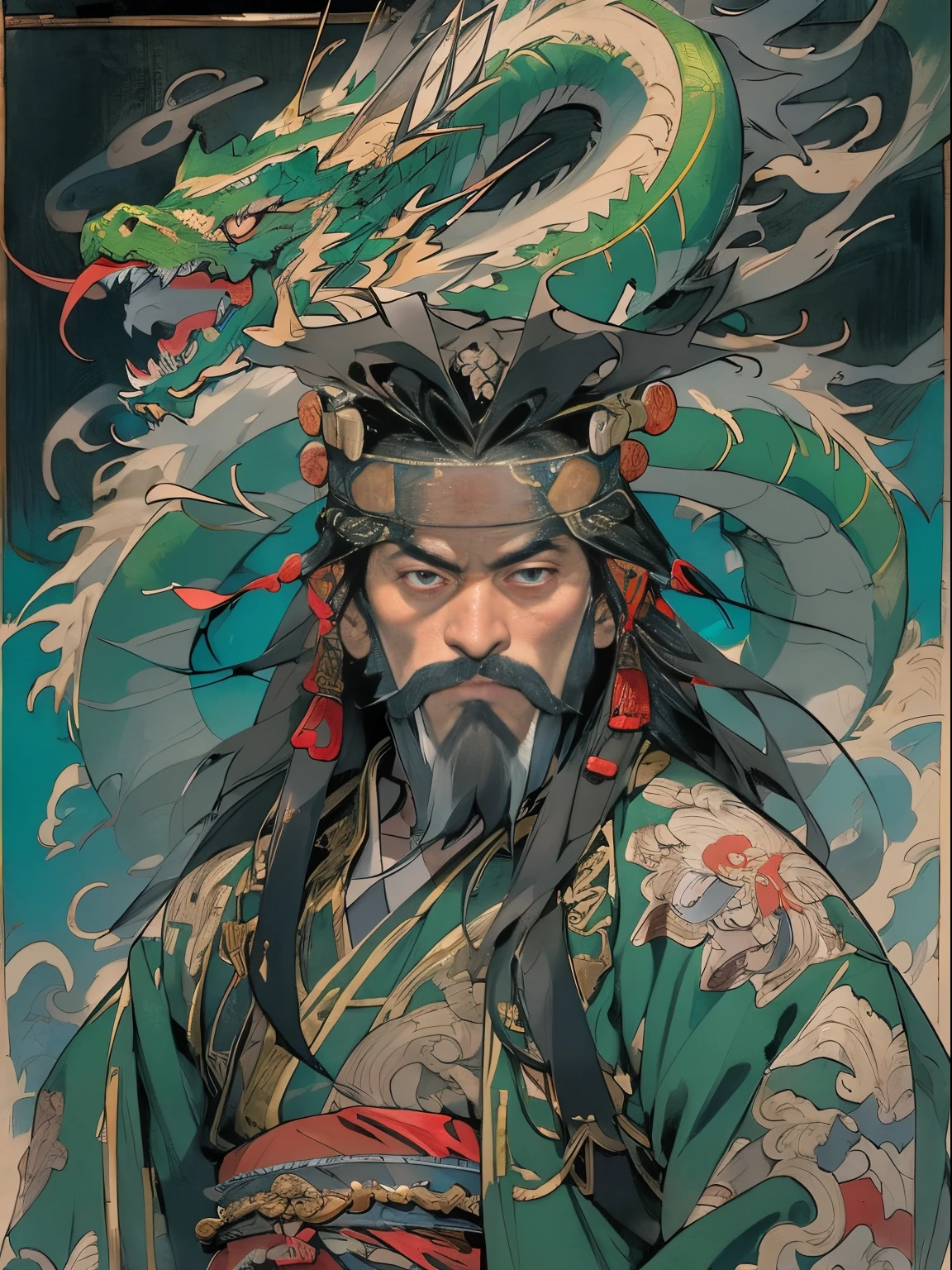 (((China-style，Ink painting method，Half-length portrait，Intense color，Han dynasty, China，Hanfu，Armor，Guan yu，Guan Yunchang，of a guy，Ruddy killing square face，Hold the Blue Dragon Moon Knife in his right hand，Stroke your beard with your left hand，Long hair，petty eyes，Green robe))), (((best qualityer))), (((tmasterpiece))), (((AS-Adult))), ((( Japanese ))), Look up from your knees, Handsome Asian samurai，perfect body figure, Modern samurai, ((( Asian))), Wear gloves on your hands，The left arm is made of steel and metal tips，Made of protective devices, The eyes are pulled, (( Appears below the chest )), (( Small dental floss )), Simon Bisley, Almost naked（Simon Bisley）Castle City Wilderness，For high-resolution posters, hair straight, Minimum clothing, armure (Crazy clothes ), Full of tips and rivets, tribal tattoos, (((full bodyesbian))), Straight brunette hair，Colored hair ends