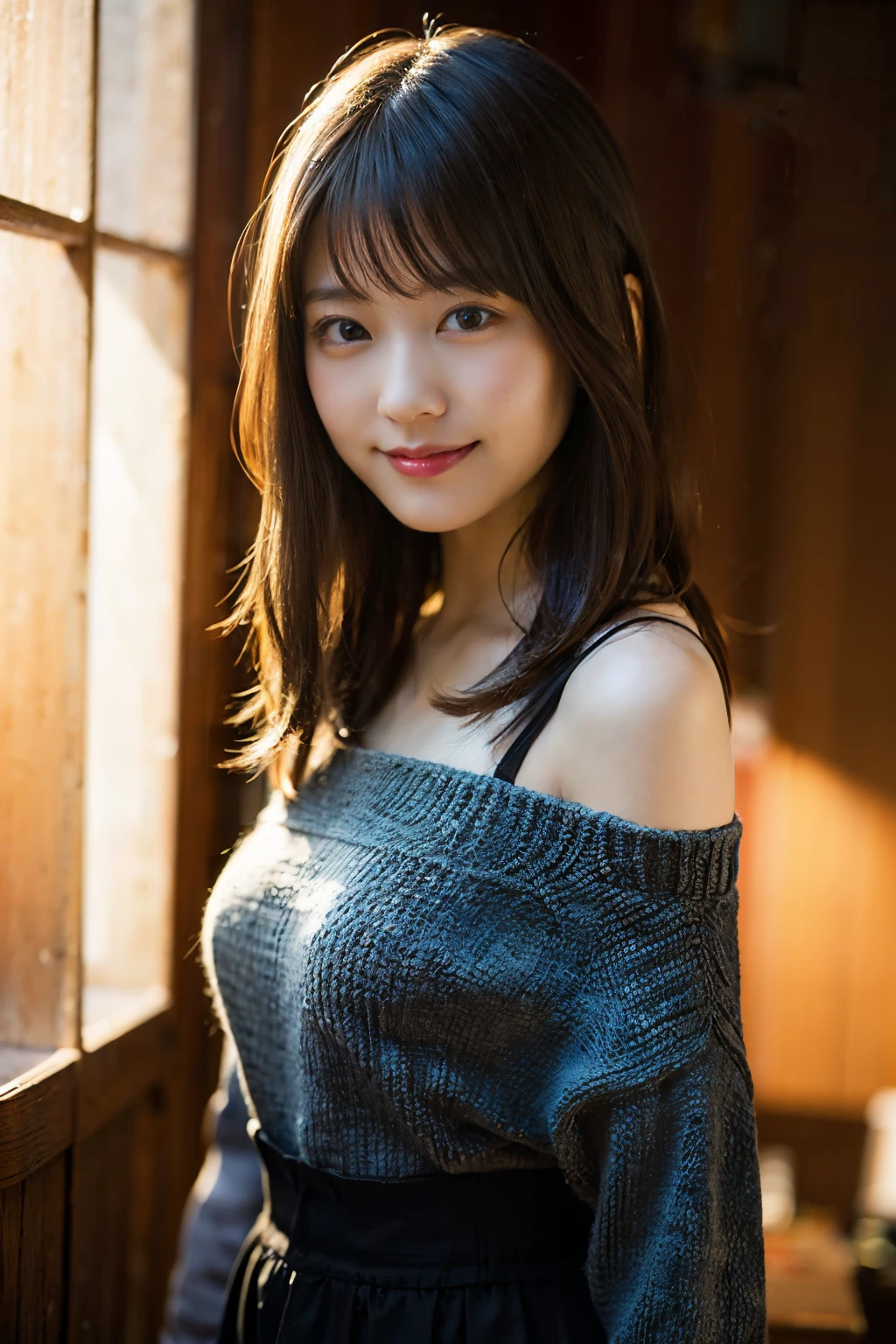 (8K、Raw photography、top-quality、masterpiece:1.2)、(realisitic、Photorealsitic:1.37)、ultra-detailliert、超A high resolution、1人、see the beholder、beautifull detailed face、A smile、Constriction、(Slim waist) :1.3)、Beautiful detailed skin、Skin Texture、Floating hair、Professional Lighting、Whole human body、Shoulder-length clothing、takeout、the morning sun、Suppin、F Cup Breasts、Happy smile、26 year old、