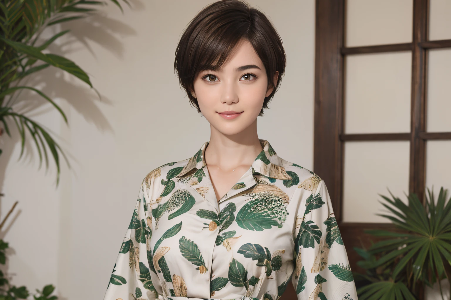 112
(a 20 yo woman,is standing), (A hyper-realistic), (high-level image quality), ((beautiful hairstyle 46)), ((short-hair)), (Gentle smile), (breasted:1.1), (wildlife print clothing), (There is a chameleon)