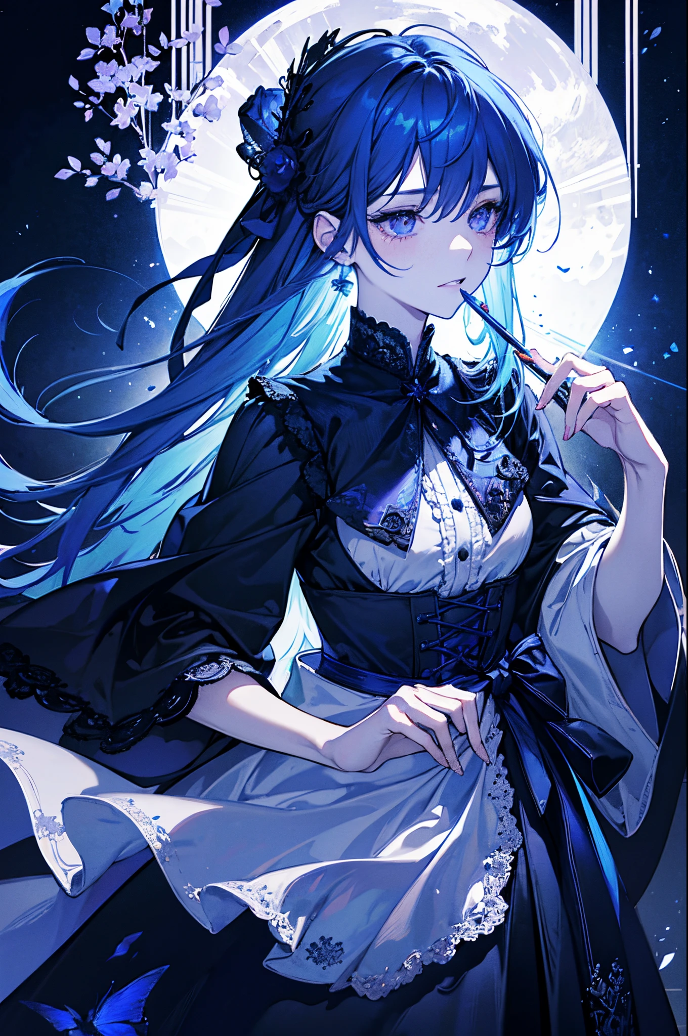 on a moonlit night, Blue-haired gothic lolita casts purple magic. Her eyes, Detailed and fascinating, Full of determination and a hint of mischief. Her lips, Beautifully detailed, Curl up into a charming smile. The intricate lace and ruffles of the gothic Lolita costume complement her ethereal presence.

The scene is bathed in an otherworldly glow, The soft moonlight illuminates the surroundings. Misty forests provide a mysterious backdrop, its trees are long, weird shadow. The air is full of magic, Lolita&#39;s hand emits a swirling purple spell.

Artwork showcases the finest craftsmanship, Ultra-detailed brushstrokes bring Lolita&#39;s charming charm to life. The color is bright, The purple spell contrasts with the dark blues and blacks of the night. Lighting creates a dramatic atmosphere, Emphasize the magical aura surrounding Lolita.

The medium used for this artwork is a mix of digital illustration and photorealistic rendering. The combination of these techniques creates a unique style that blends fantasy and reality. Attention to detail and use of physically based rendering techniques add depth and realism to the artwork.

The overall art style combines gothic and fantasy elements. It depicts a feeling of mystery and seduction, Capturing the essence of Gothic Lolita subculture. The color palette is dominated by blue and purple, Enhance the magical atmosphere of the scene.

This tip is designed to produce high-quality, detailed artwork. An emphasis on realism and the use of expert techniques ensure that every aspect of the artwork is carefully crafted. The result is a masterpiece，Taking viewers into a world of magical possibilities.

Labels: blue  hair, Gothololita, glowing purple spell, rays of moonlight, 詳細な目, 詳細な唇, Misty Forest, Spin spell, Enchanted smile, Intricate lace, Ruffles, Ethereal presence, other