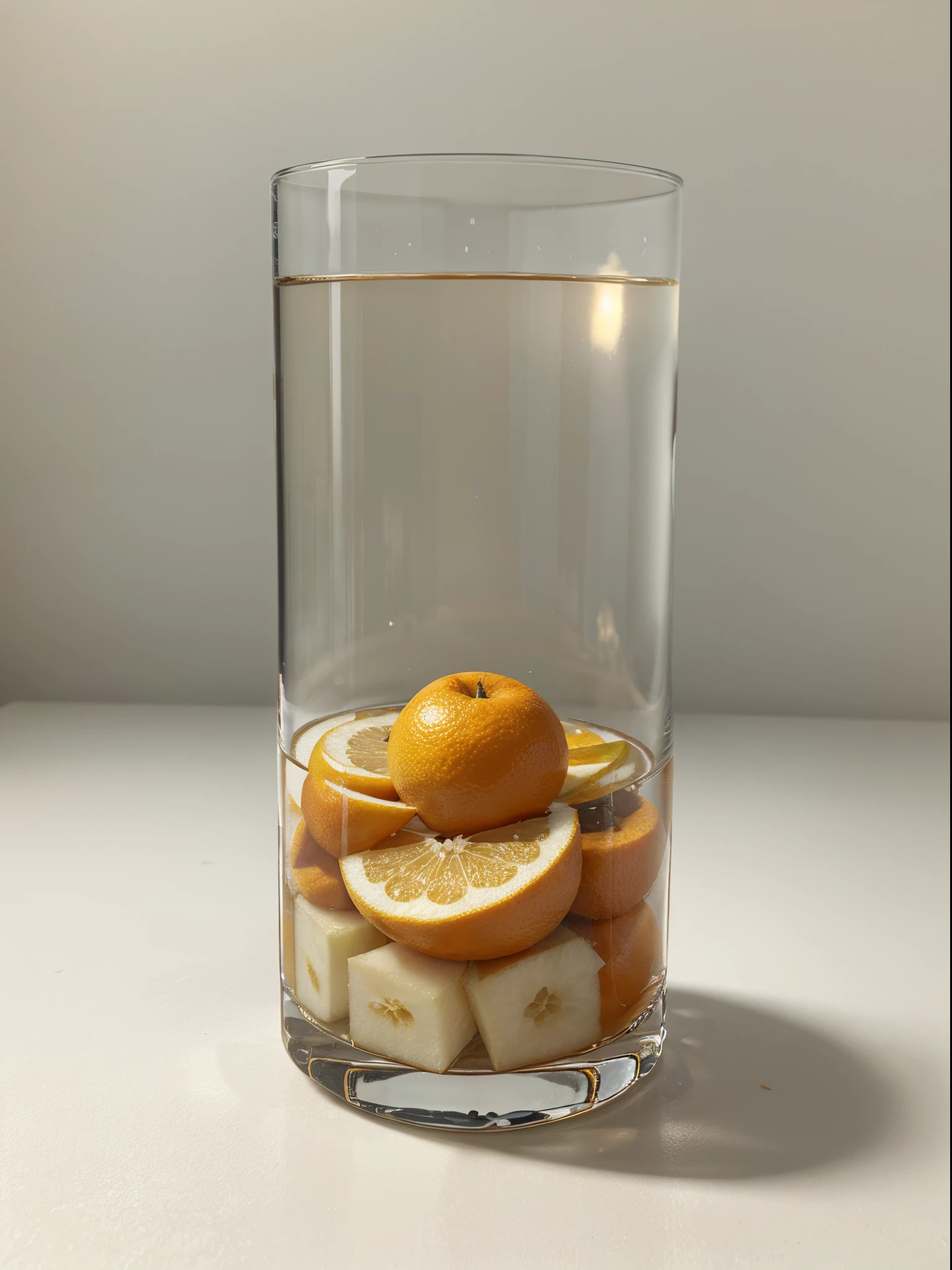 (Best quality,8K,Masterpiece:1.3),NOhumans,Clear glass,There are a lot of sliced pear in it、Oranges cut into cubes, blend, detalhe poderoso, intense detail, on the white background, Clear detail, professional,(Hyper-realistic:1.3)