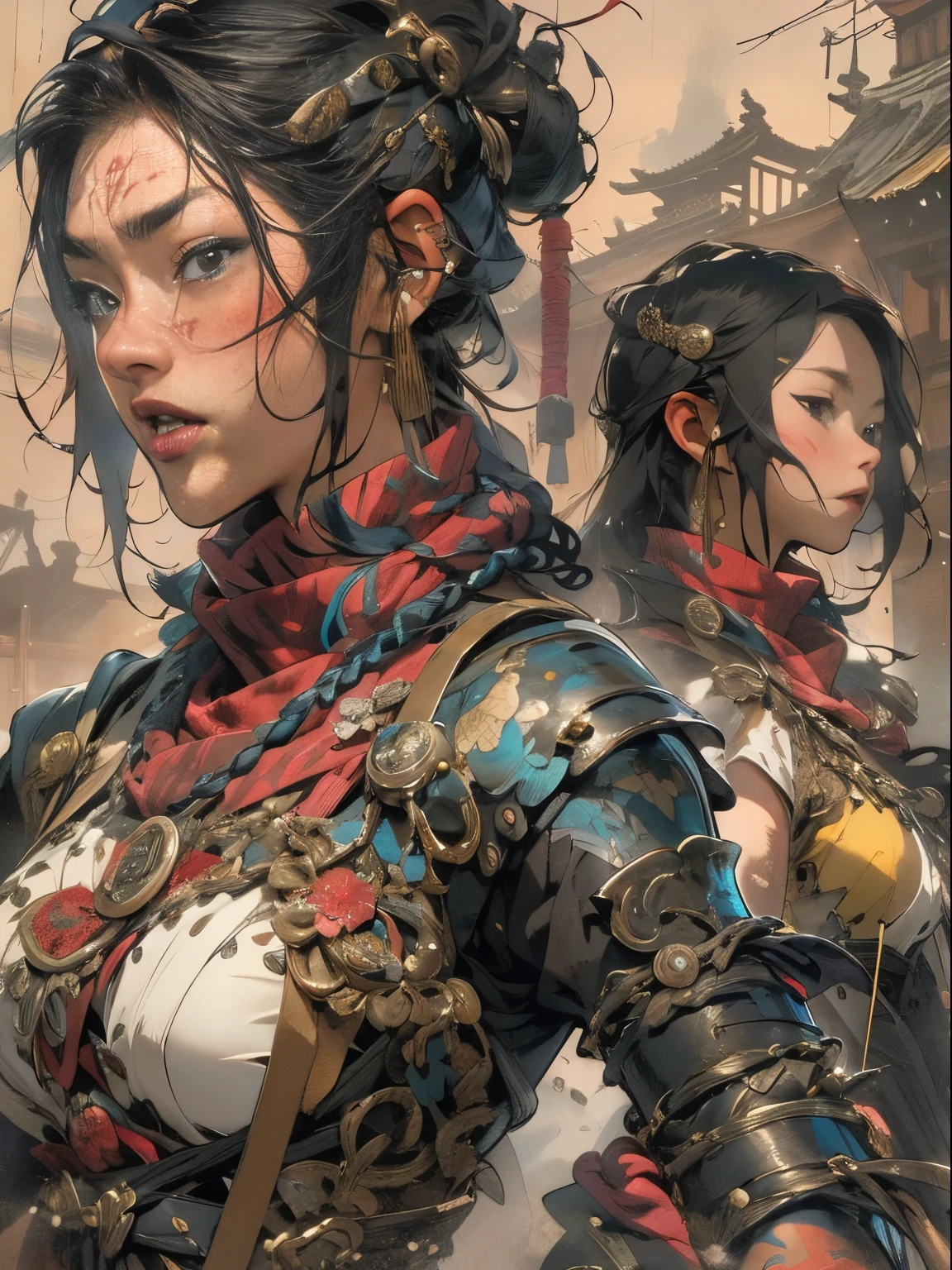 (((woman))), (((best qualityer))), (((tmasterpiece))), (((AS-Adult))), ((( Japanese ))), Look up from your knees, A beautiful asian samurai woman with perfect body, Modern samurai, ((( Asian))), Wear gloves on your hands,The left arm is made of steel and metal tips,Made of protective devices, The eyes are pulled, (( Appears below the breast )), (( Small dental floss )), Simon Bisley, Almost naked(Simon Bisley)Castle City Wilderness,For high-resolution posters, hair straight, Minimum clothing, armure (Crazy clothes ), Full of tips and rivets, tribal tattoos, (((full bodyesbian))), Straight brunette hair,Colored hair ends