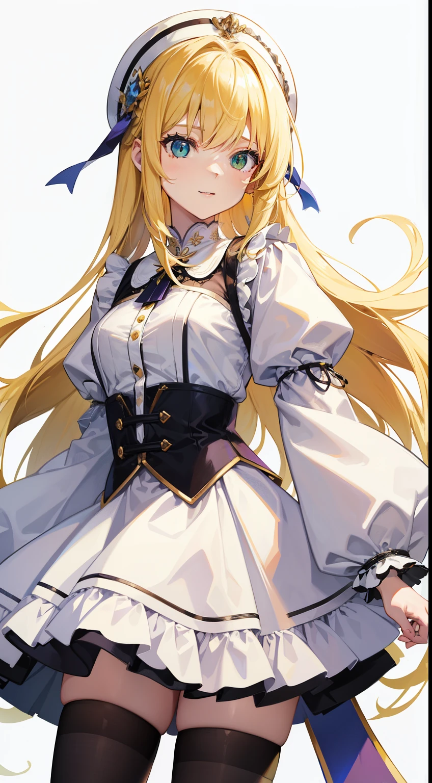 ultra detailed, masterpiece, best quality, blue theme, white walls,
solo, blue theme, soft smile, light smile, cowboy shot,
1girl, blue eyes, very long hair, (blonde hair:1.35), long blonde hair, french braid, bangs, medium breasts,
hair ribbon, frilled choker, criss-cross halter, sleeveless dress, high-waist skirt, backless dress, waist bow, detached sleeves, frilled sleeves, wide sleeves, black pantyhose, patterned legwear, mary janes, <lora:Unlight:1> Unlight, effect, Dynamic pose,