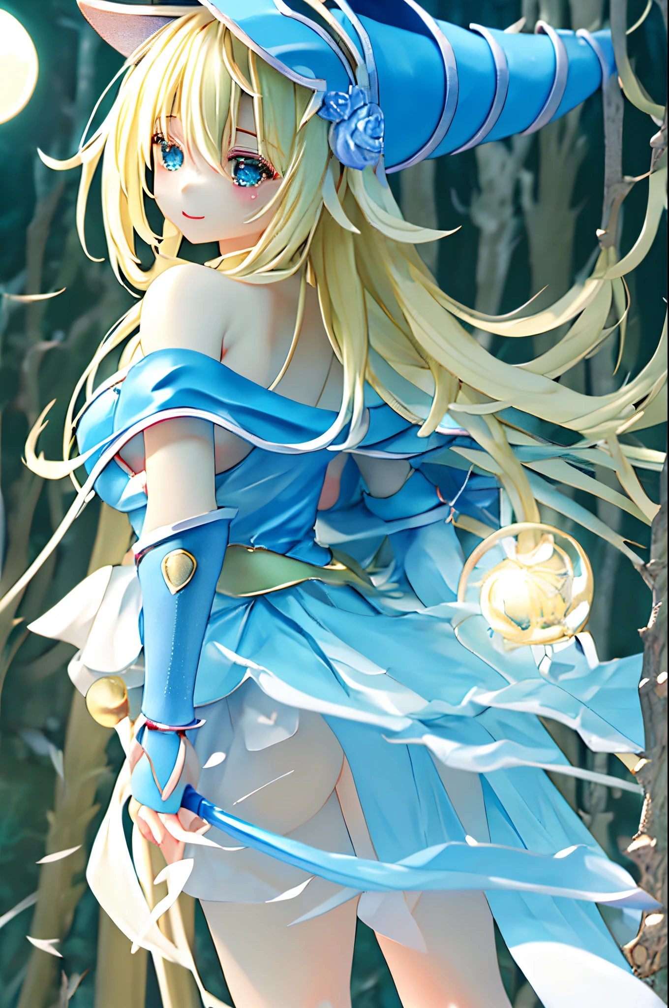 magician girl、mksks style、(highly detailed back ground:1.0)、(highly detailed back ground:1.0)、masterpiece、top-quality、(1 rapariga)、独奏、(the woods)、length hair、a blond、blue headwear、Wizard Hat、Spell casting、naturey、The tree々:1.2、Motion Blur、magia、(rays of moonlight:1.2)、chromatic abberation、depth of fields、Soft lighting、extra detailed face、extremely detailed eye、Smile、Large breasts、Overexposed、sparkle in the background、3D,bra very、