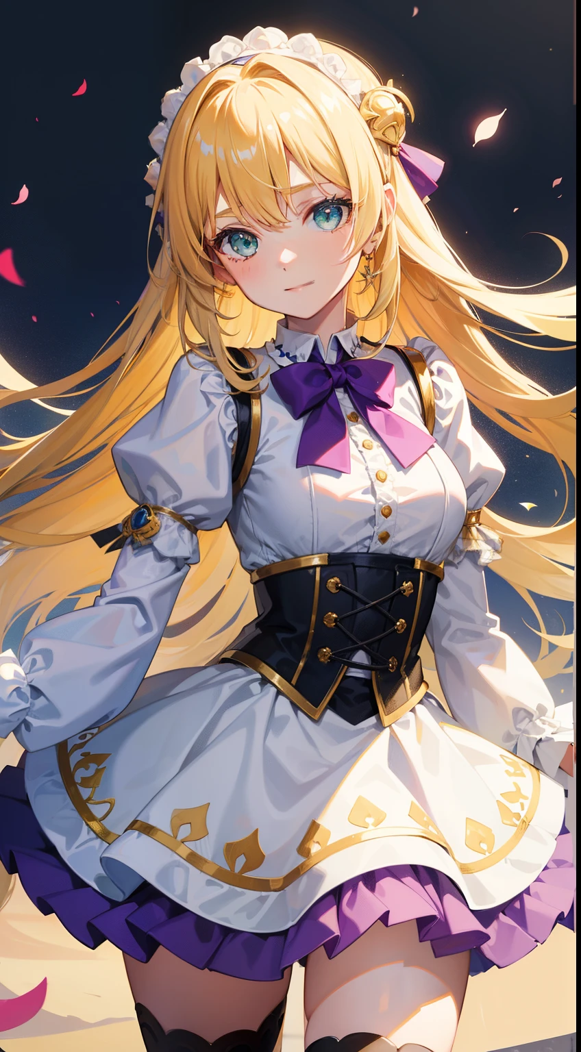 Young Girl, long blonde hair with white strands, Green eyes, white king top, Puffy sleeves, fluffy short skirt, Purple tights, ssmile, masutepiece, hiquality