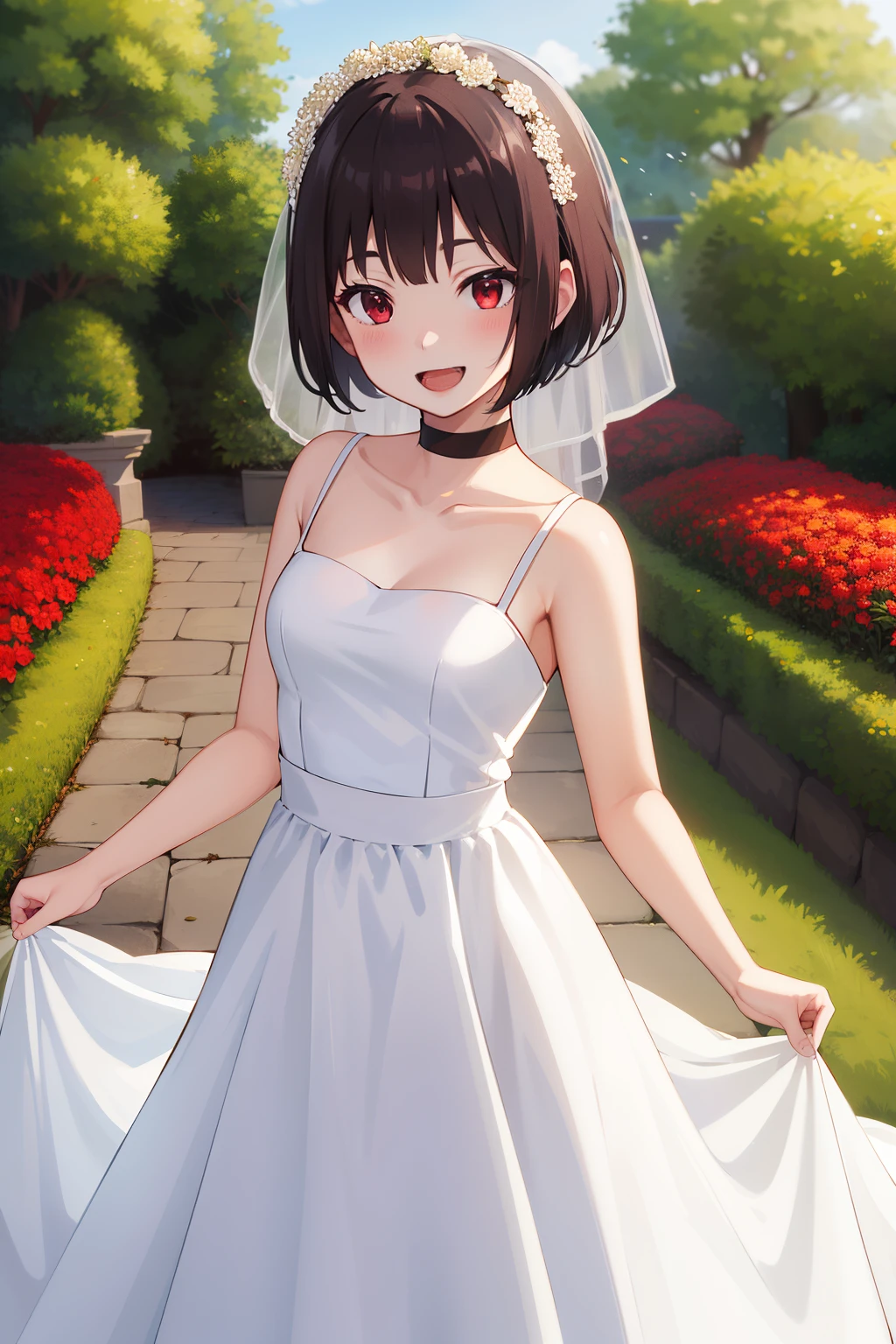 (masterpiece:1.3),(best quality:1.4),ultra high res,(detailed eyes),(detailed facial features),(detailed clothes features),HDR,8k resolution, solo focus, bangs, skin tight, (shiny skin),(slender girl),dreamlike,
(extreme detailed illustration),check commentary,commentary request,scenery,no text,
<lora:VirtualGirl-Rin:0.3>VirtualGirl-Rin, happy, smile, (small breasts), bangs, bob hair, short hair, brown hair, brown eyes, black choker,
1girl, (solo),
Crystal crown hair band,Crystal Necklace,bridesmaid,White bouquet,White bridesmaid dress,White bridesmaid gloves,White bridesmaid skirt,White bridesmaid stockings,White ballet shoes,