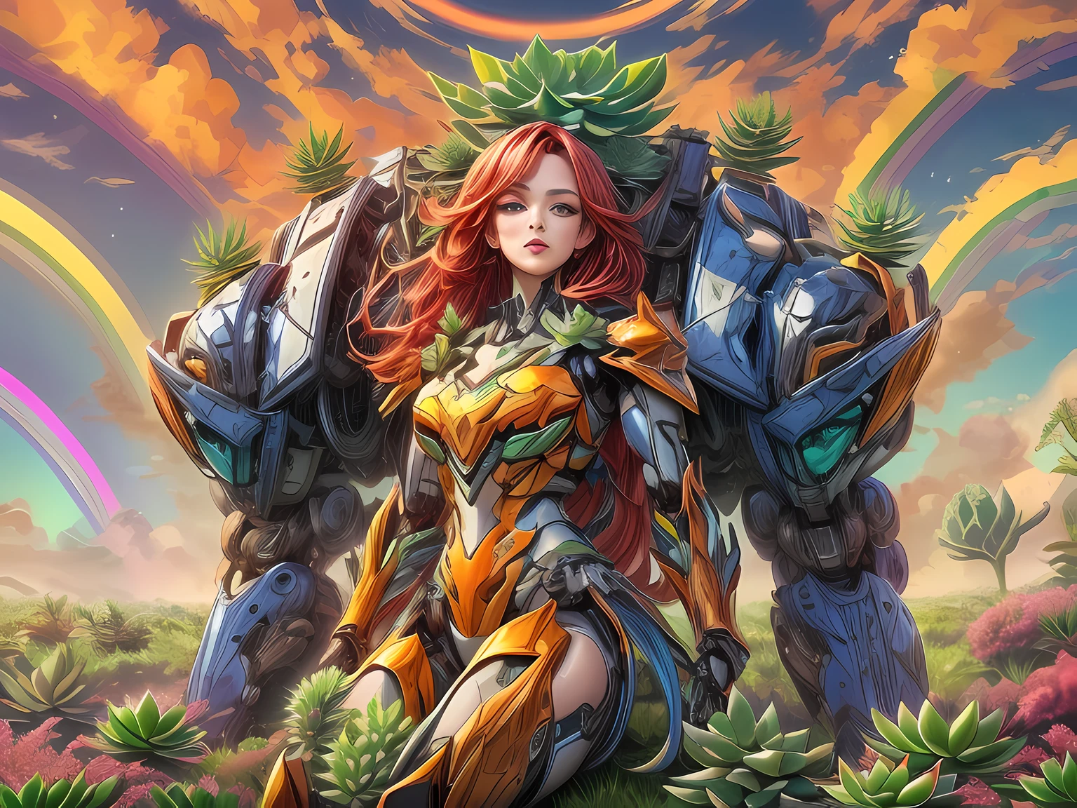 a picture of a mecha woman resting in a rainbow colored succulents meadow, full body, an exquisite beautiful (ultra detailed, Masterpiece, best quality: 1.4) female mecha woman, dynamic angle (best detailed, Masterpiece, best quality), best detailed face (best detailed, Masterpiece, best quality: 1.5), ultra feminine (best detailed, Masterpiece, best quality), red hair, long hair, braided hair, dynamic eyes color, (wearing mecha armor: 1.4), resting in (rainbow colored succulents meadow: 1.6), full colored, (perfect spectrum: 1.3),( vibrant work: 1.4) vibrant shades of red, orange, yellow, green, blue, indigo, violet  day light, sun rising,  high details, fantasy art, RPG art best quality, 16k, [ultra detailed], masterpiece, best quality, (ultra detailed), full body, ultra wide shot, photorealistic, mecha musume