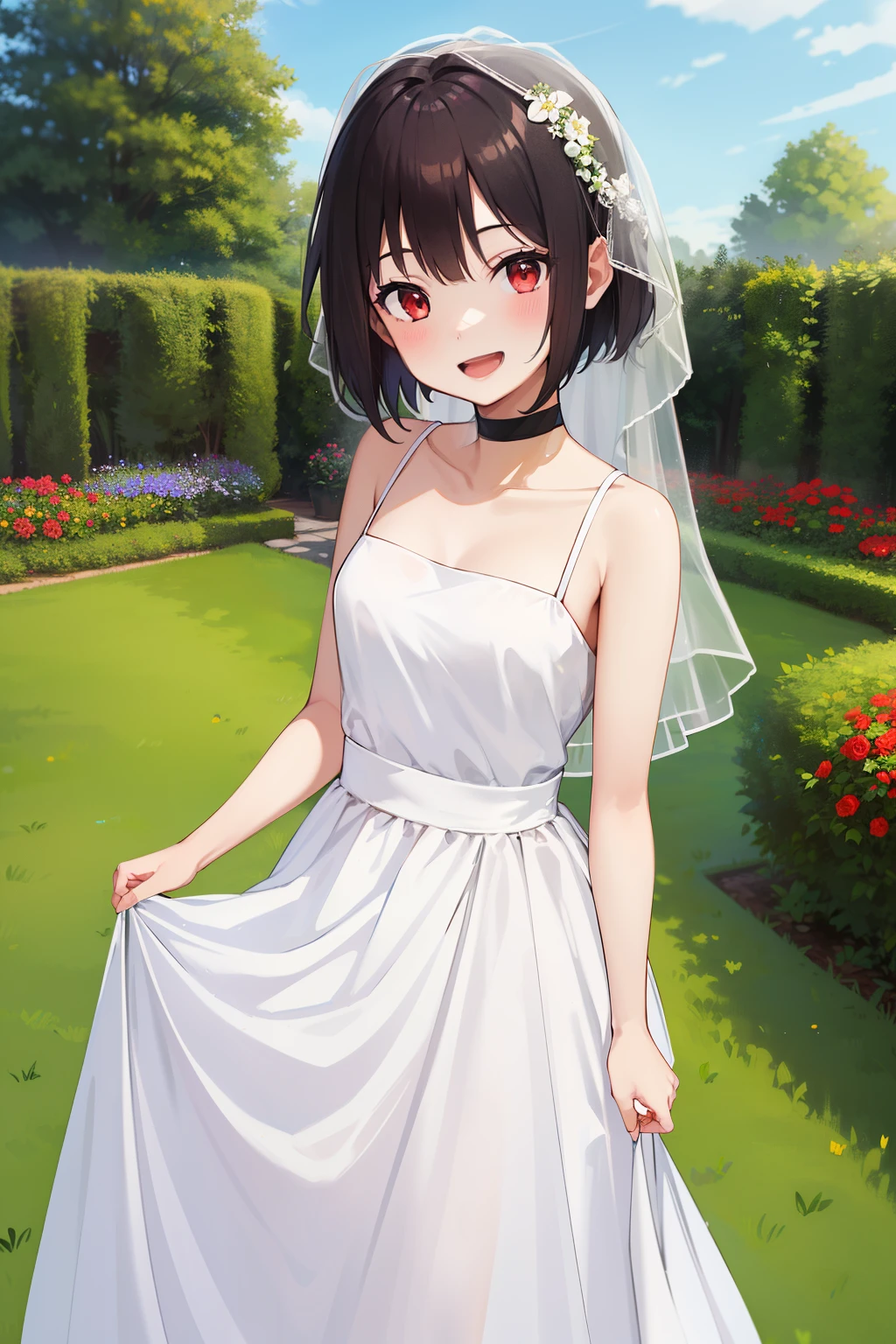 masterpiece, best quality, highres, aarurutie,1girl, wedding dress, white dress, standing, garden, smile, open mouth, short black shine hair, red eyes, red choker