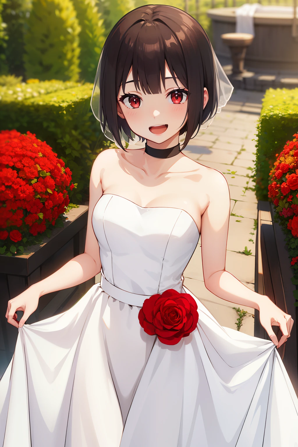 masterpiece, best quality, highres, aarurutie,1girl, wedding dress, white dress, standing, garden, smile, open mouth, short black shine hair, red eyes, red choker