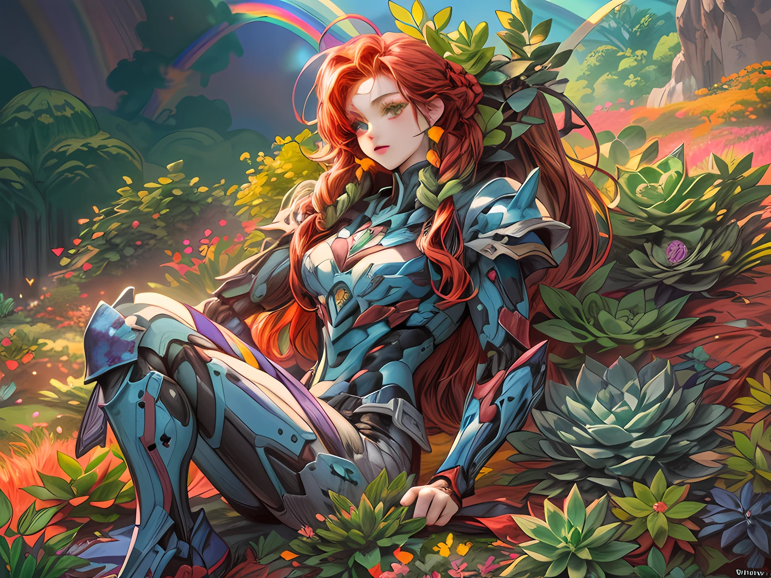 a picture of a mecha woman resting in a rainbow colored succulents meadow, full body, an exquisite beautiful (ultra detailed, Masterpiece, best quality: 1.4) female mecha woman, dynamic angle (best detailed, Masterpiece, best quality), best detailed face (best detailed, Masterpiece, best quality: 1.5), ultra feminine (best detailed, Masterpiece, best quality), red hair, long hair, braided hair, dynamic eyes color, (wearing mecha armor: 1.4), resting in (rainbow colored succulents meadow: 1.6), full colored, (perfect spectrum: 1.3),( vibrant work: 1.4) vibrant shades of red, orange, yellow, green, blue, indigo, violet  day light, sun rising,  high details, fantasy art, RPG art best quality, 16k, [ultra detailed], masterpiece, best quality, (ultra detailed), full body, ultra wide shot, photorealistic, mecha musume