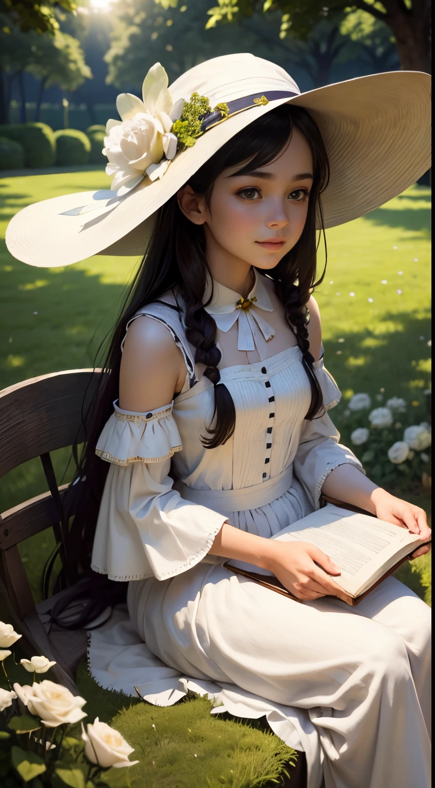 Beautiful young witch sitting on green grass, The girl smiles sweetly, His face is illuminated by the bright rays of the sun, The girl is dressed in a white dress, wide-brimmed witch's hat on the head, The perfect female face of the goddess, Деталь 8k, photo realistic style, sharp-focus, Professional lighting, colorful details, The painting is built according to the rule of the golden ratio, Around the garden of white roses, full-arm-gloves, Girl reading a huge ancient book