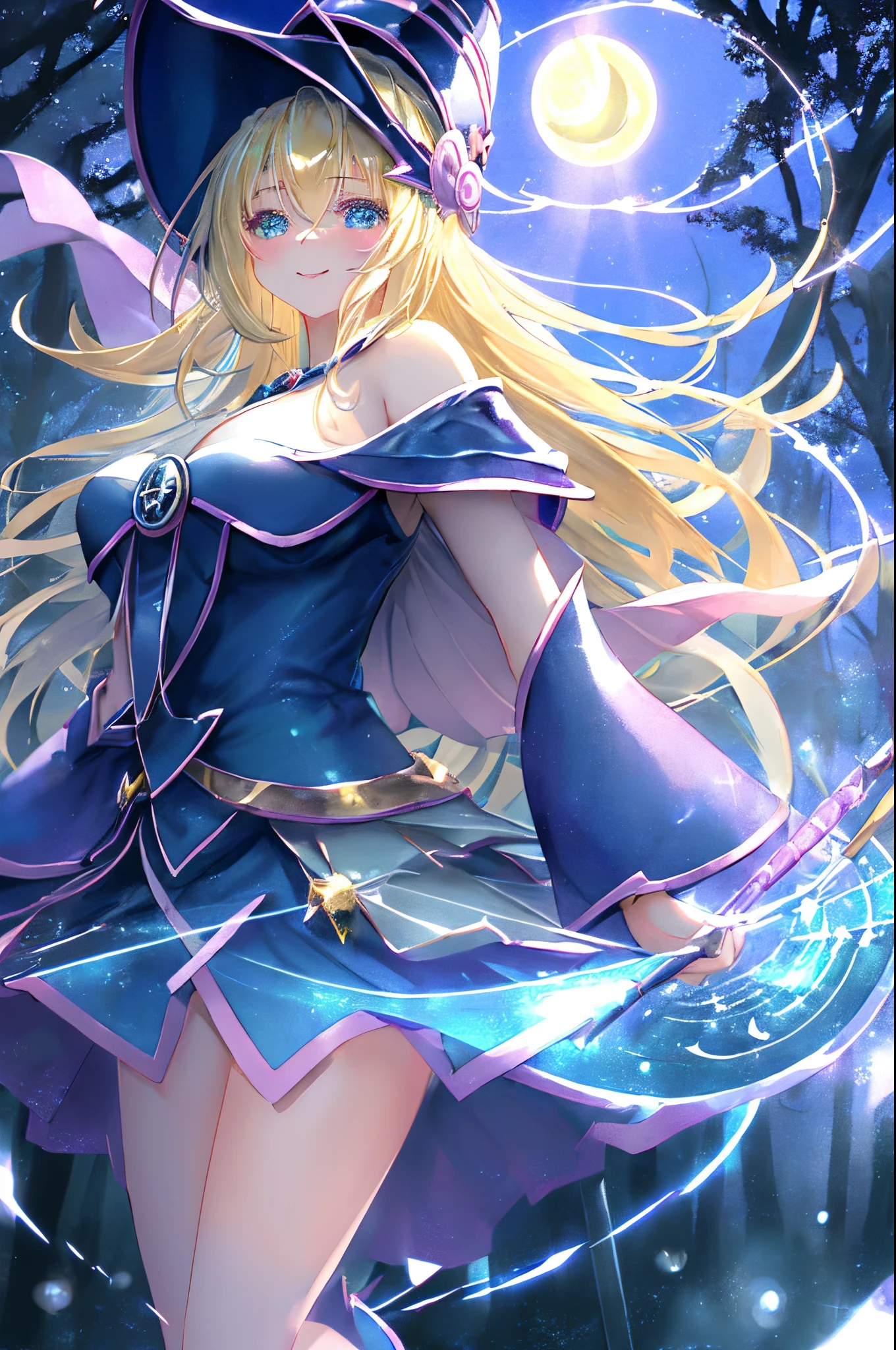 magician girl、mksks style、(highly detailed back ground:1.0)、(highly detailed back ground:1.0)、masterpiece、top-quality、(1 rapariga)、独奏、(the woods)、length hair、a blond、blue headwear、Wizard Hat、Spell casting、naturey、The tree々:1.2、Motion Blur、magia、(rays of moonlight:1.2)、chromatic abberation、depth of fields、Soft lighting、extra detailed face、extremely detailed eye、Smile、Large breasts、Overexposed、sparkle in the background、