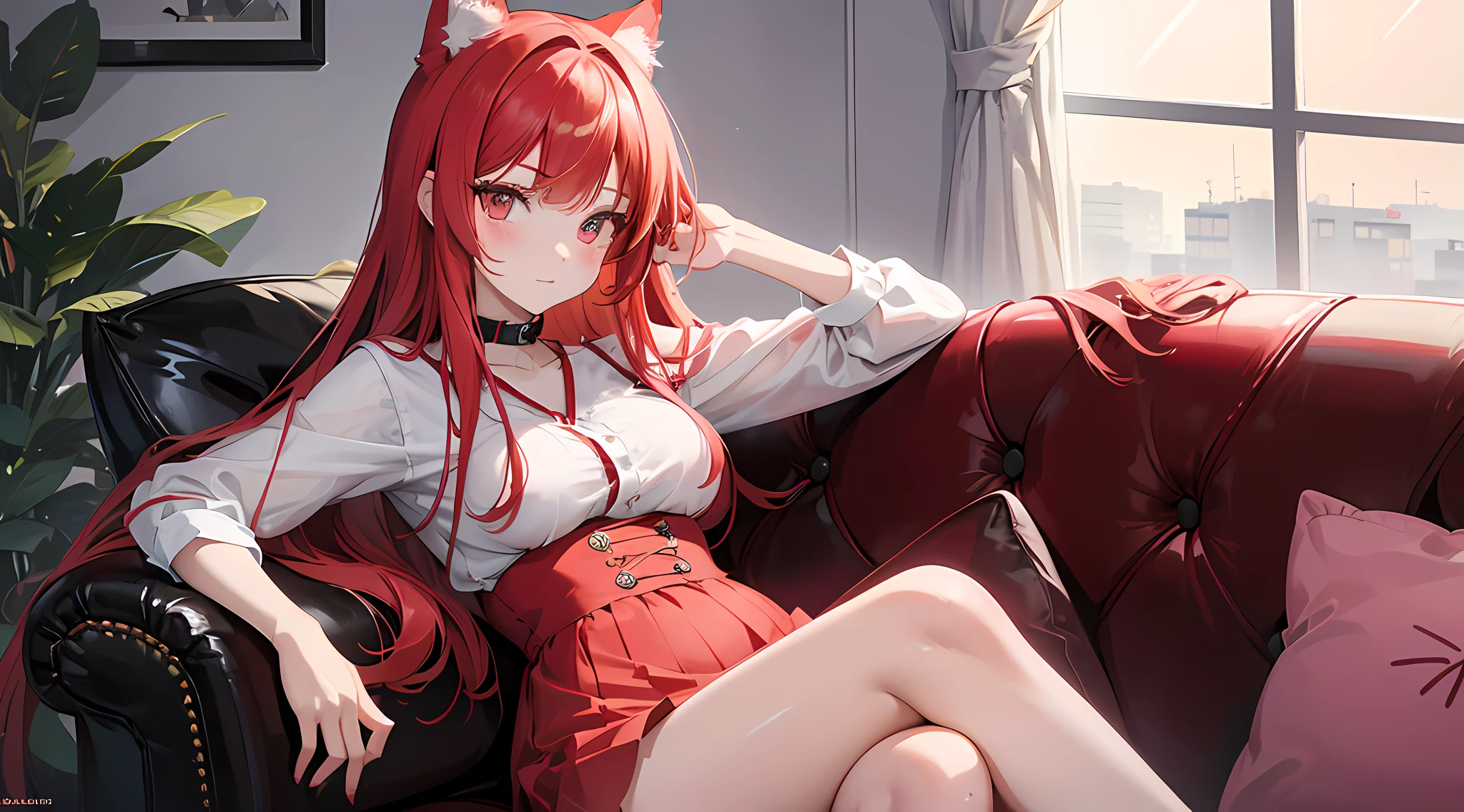 a close up of a person posing on sofa with a red hair, red blush on her face, nekomimi girl, the nekomimi girl portrait, trending on cgstation, “ anime, trending at cgstation,“anime girl, anime”, ig model | artgerm, artgerm comic, realistic lighting, ray tracing