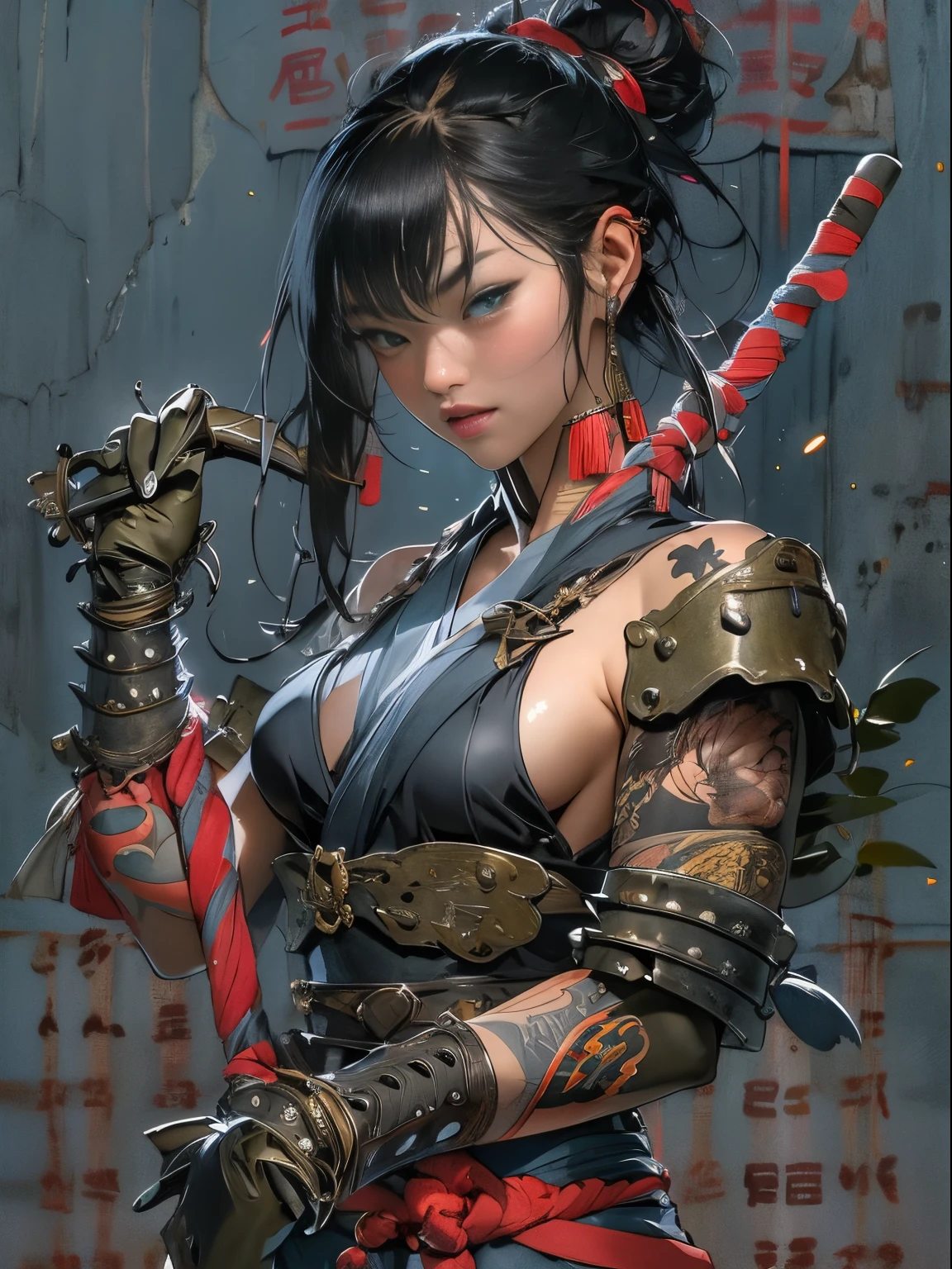 (((woman))), (((best qualityer))), (((tmasterpiece))), (((AS-Adult))), ((( Japanese ))), Look up from your knees, A beautiful asian samurai woman with perfect body, Modern samurai, ((( Asian))), Wear gloves on your hands,The left arm is made of steel and metal tips,Made of protective devices, The eyes are pulled, (( Appears below the breast )), (( Small dental floss )), Simon Bisley, Almost naked(Simon Bisley)Castle City Wilderness,For high-resolution posters, hair straight, Minimum clothing, armure (Crazy clothes ), Full of tips and rivets, tribal tattoos, (((full bodyesbian))), Straight brunette hair,Colored hair ends