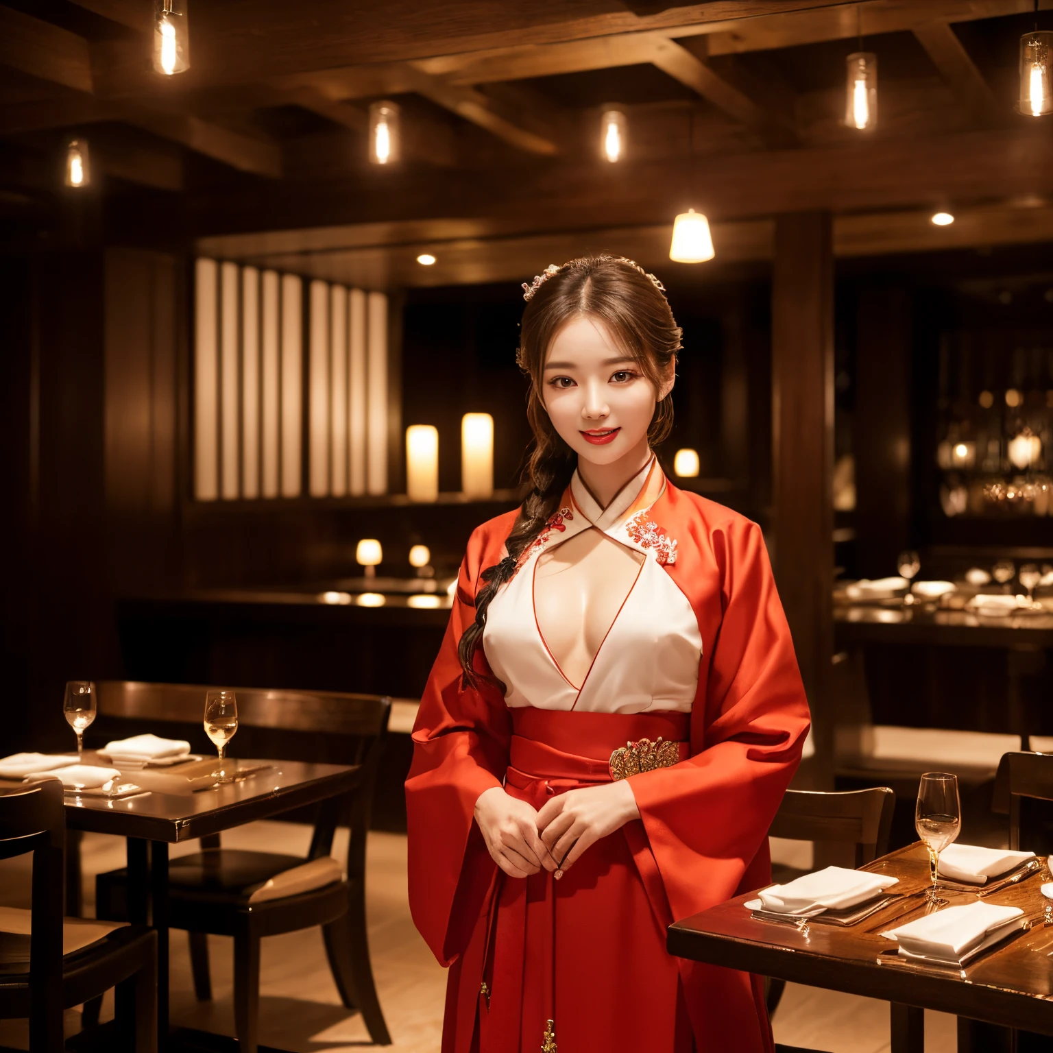 ((top-quality、masutepiece、8K、Top image quality、Hyper-Realism))、((1 Korean woman、Korean Beauty、she stands gracefully、the most luxurious hanbok、Hanbok with intricate decorations))、(women look at me、A slight smil、perfect anatomia、Dark red lipstick、large full breasts、Emphasize body lines)、((The background is a high-end Korean restaurant at night.、luxury korean restaurant、Gorgeous Korean restaurant interior、Intricate and detailed interior、Midnight、total darkness))