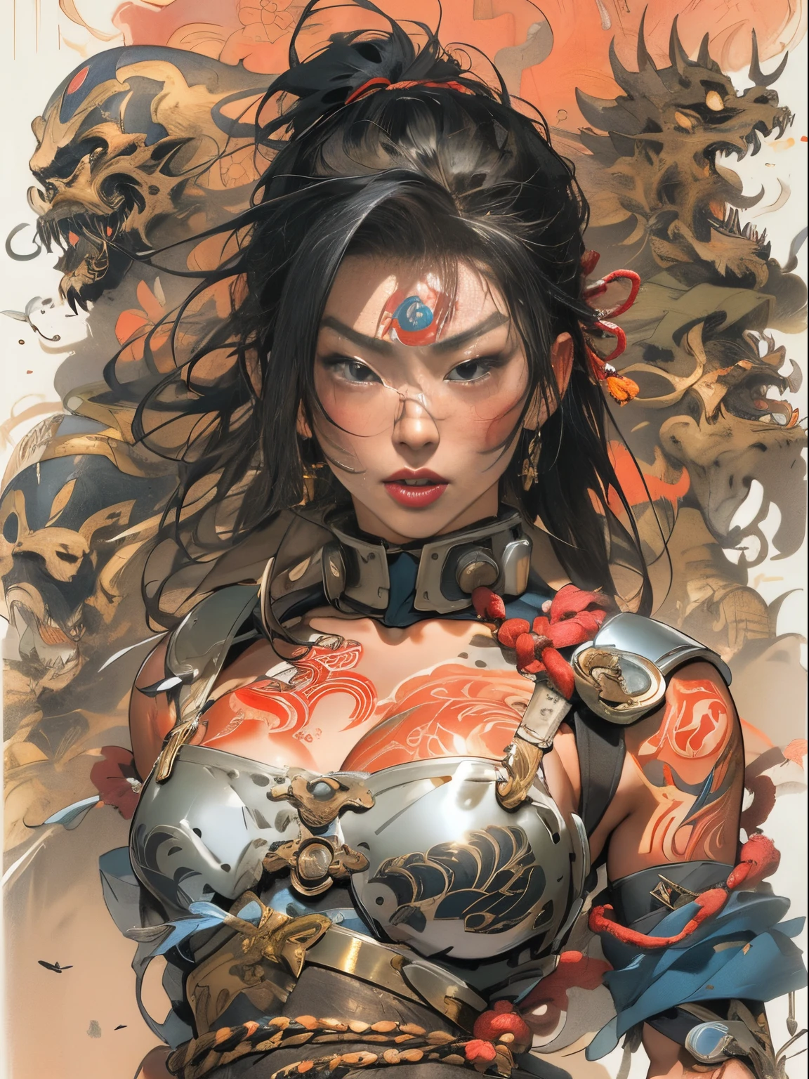 (((woman))), (((best qualityer))), (((tmasterpiece))), (((AS-Adult))), ((( Japanese ))), Look up from your knees, A beautiful asian samurai woman with perfect body, Modern samurai, ((( Asian))), Wear gloves on your hands,The left arm is made of steel and metal tips,Made of protective devices, The eyes are pulled, (( Appears below the breast )), (( Small dental floss )), Simon Bisley, Almost naked(Simon Bisley)Castle City Wilderness,For high-resolution posters, hair straight, Minimum clothing, armure (Crazy clothes ), Full of tips and rivets, tribal tattoos, (((full bodyesbian))), Straight brunette hair,Colored hair ends
