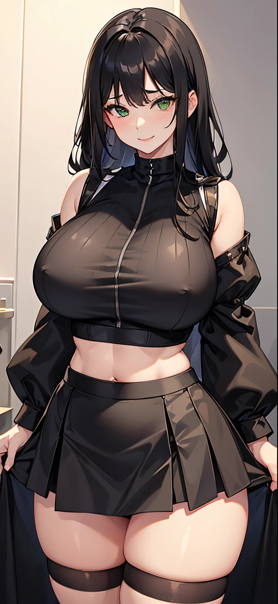 1girl, mature, HDR,UHD,8K, best quality, masterpiece, Highly detailed, physically-based rendering, extreme detail description, Professional, Black Hair, ((Thickthighs)), (Thick), long hair, green eyes, ((Hot)), (((, tight black Crop top))), sit , huge ass, big tits, ((open legs, show pussy)) (((Huge hips, Hip dips))), sexy smile, naughty smile, sexy face , ((( high waisted Black skirt )))