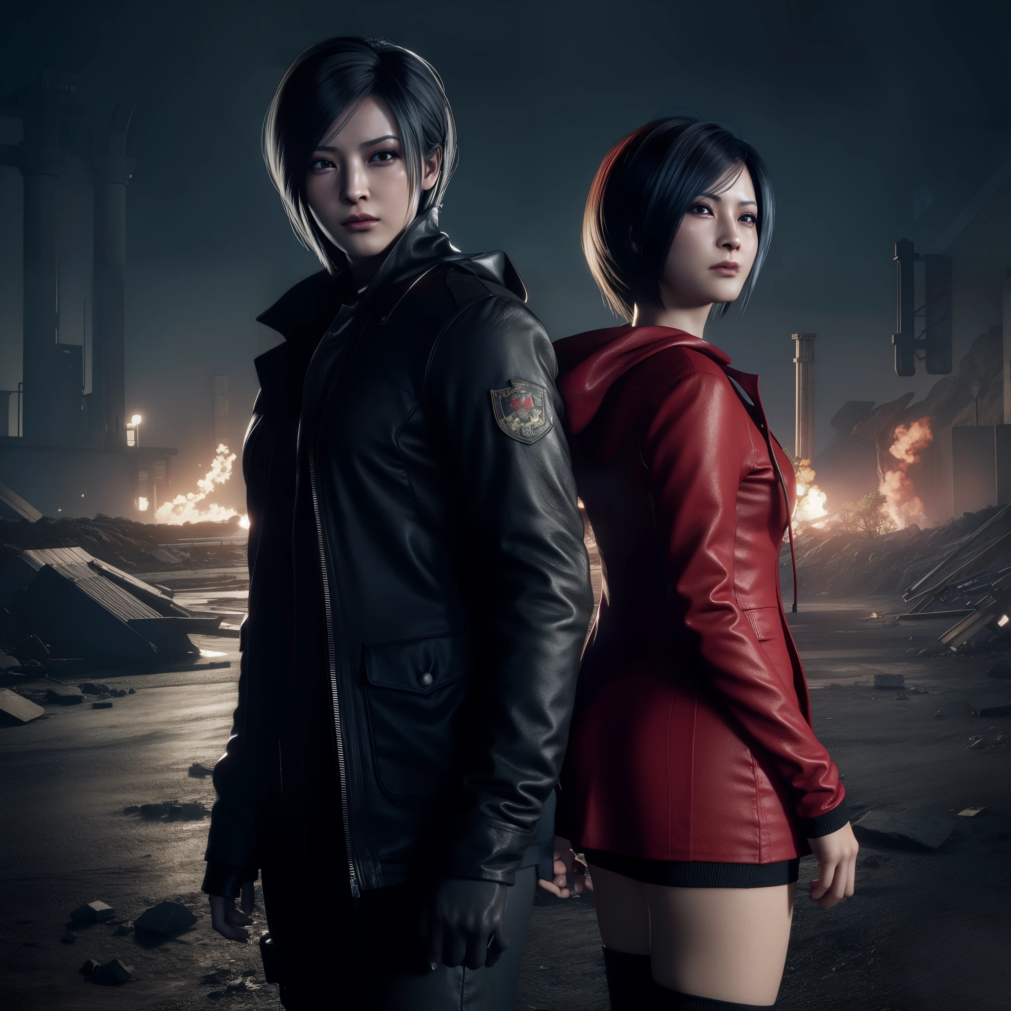 Ada wong ,Woman, wearing red hoody dress, bob hair, red polish, Calm expression, glare