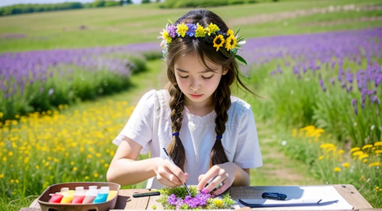 girl making a flower crown: A girl making a flower crown in a spring meadow。she picks flowers and braids them、working happily。The surrounding area is full of colorful wildflowers.。