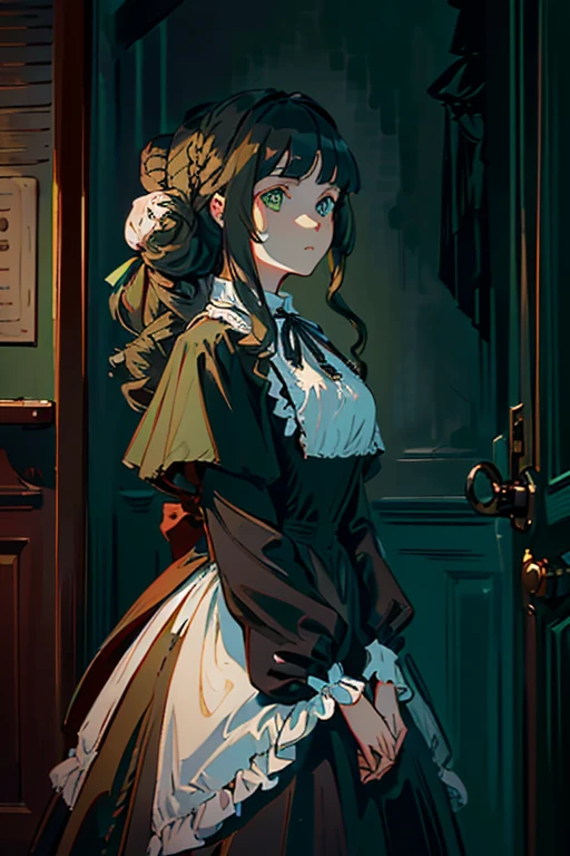 cinematic (close-up, from below) shot of ((1woman, colonial puritan lady) undressing (black puritan gowns from 1700s). ((Long wavy hair, hair bangs, hair bun, green eyes))
