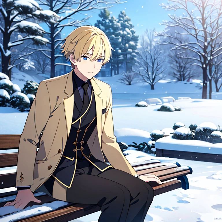 hoang lap,(tmasterpiece、top-quality、8K ),Intricate soft focus，snow landscape，bench in snow，Frontal photography of a boy with short blond hair and a black loose jacket and suit
