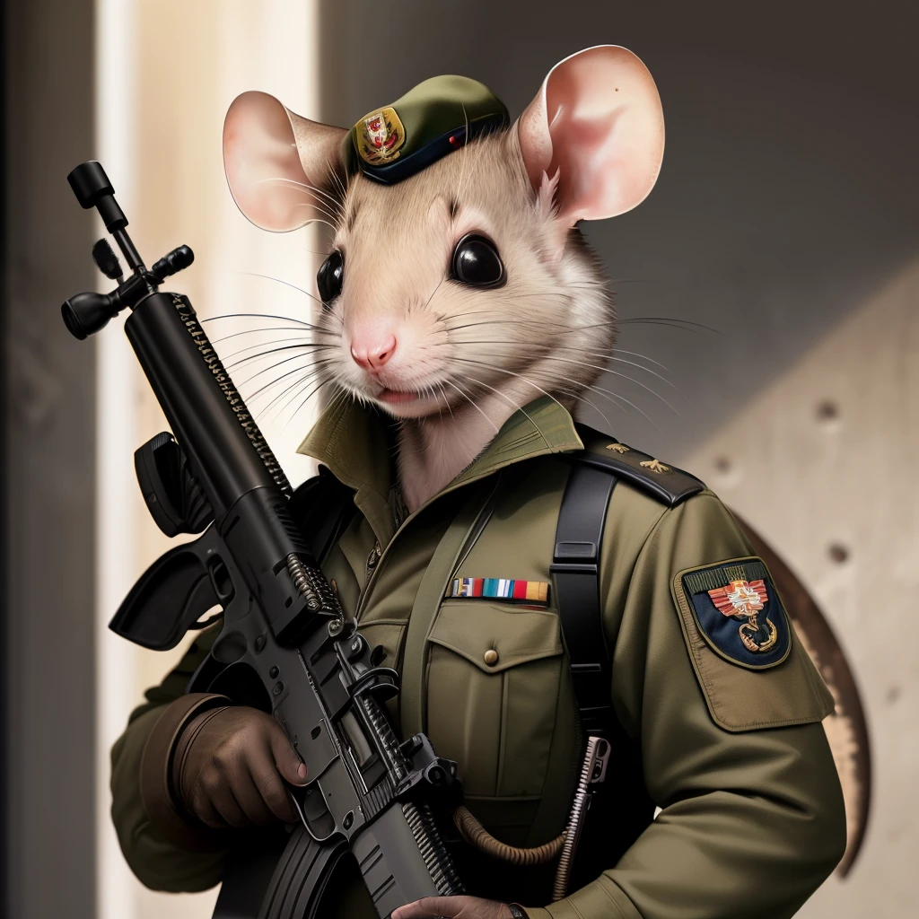 A rat wearing military uniform and holding a gun