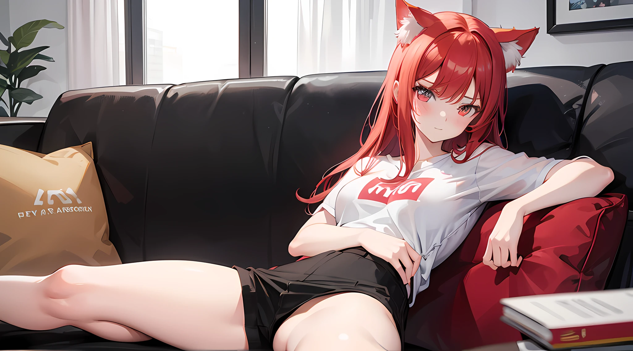 a close up of a person posing on sofa with a red hair, blushed face, nekomimi girl, the nekomimi girl portrait, trending on cgstation, “ anime, trending at cgstation,“anime girl, anime”, ig model | artgerm, artgerm comic, realistic lighting, ray tracing