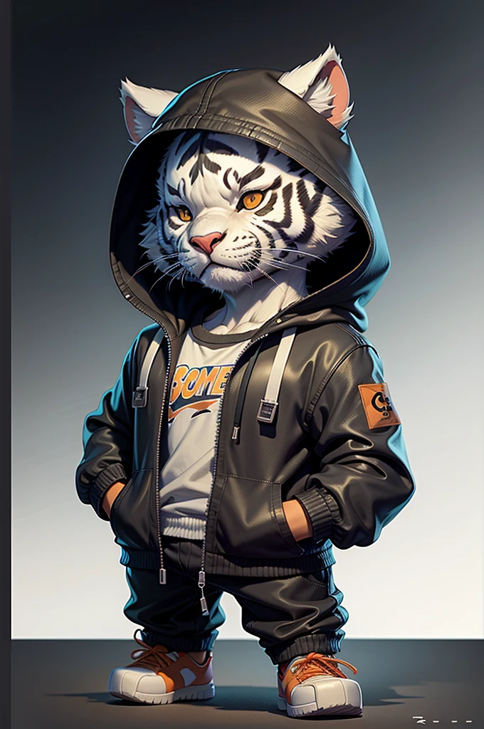 C4tt4stic, Black jacket,orange sweatpants,cartoon white tiger, skin like a cartoon white tiger,cartoon white tiger paw,cartoon white tiger paw,There is a single white tiger tail,Looking here,full bodyesbian,No background,