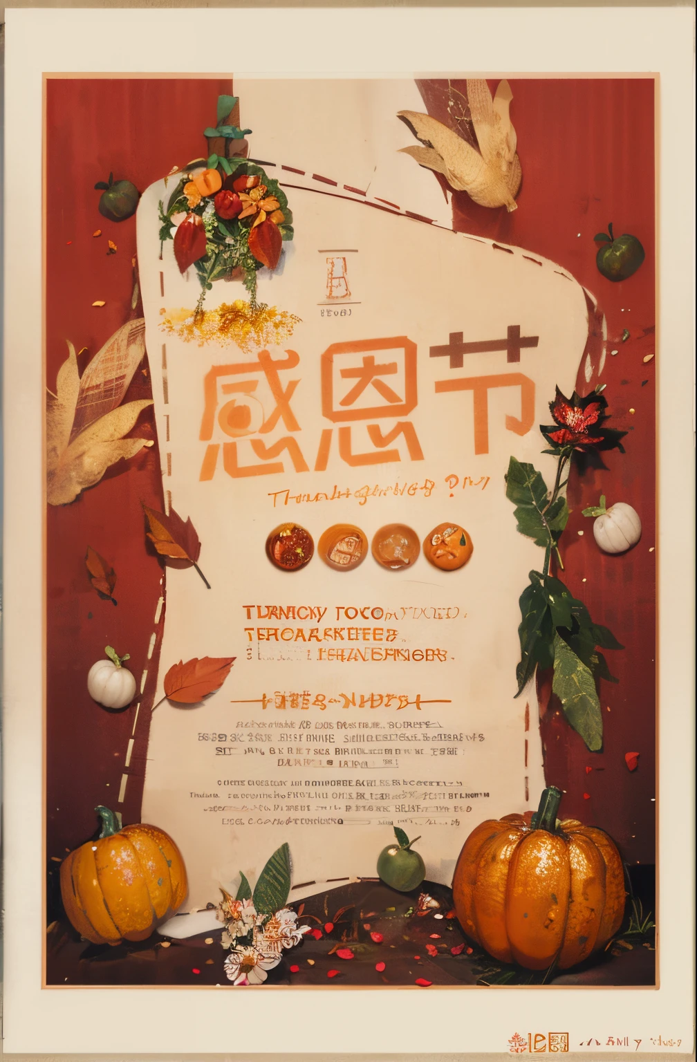 The background of the Thanksgiving poster is flower petals and the main image is pumpkin.、turkey