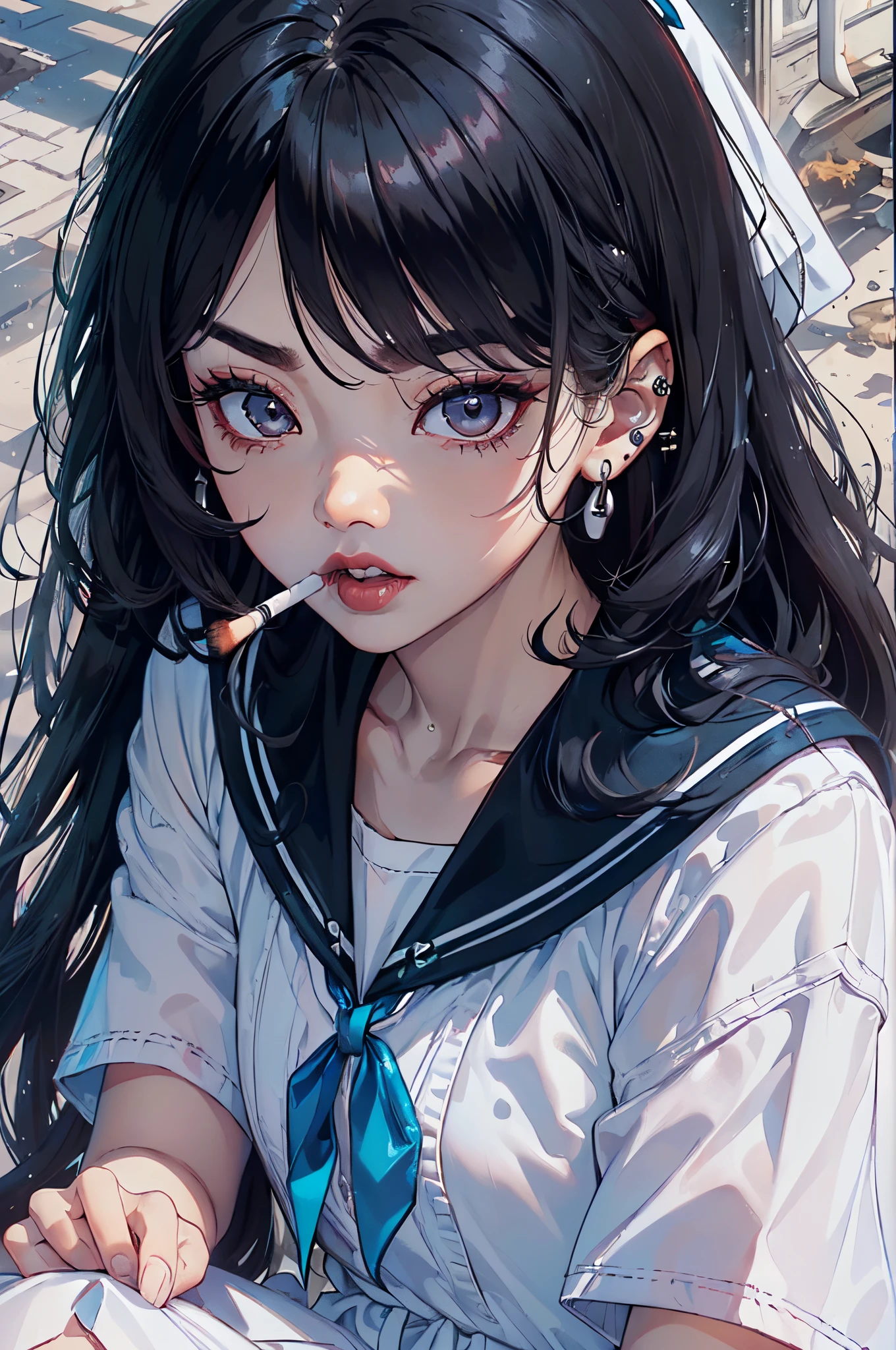 (​master piece:1.4),Hypal Quality, Hyper Detailed,(((Knees wide open)))、(((Crouching)))、(((Smoking)))、(((Long Black Hair)))、bangss、(((Whitening skin)))、(((Pure white lipstick)))、((eyeshadows:1.3))、((Raised corners of the eyes))、(Outrage:1.2)、((Pull the chin))、(((squinted)))、(Kamimei:1.3),(glares:1.4)、((half-opened mouth))、((Wrinkles between the eyebrows))、(numerous piercings in the ears)、(((Breakdown)))、(((White sailor suit)))、Shot diagonally from above