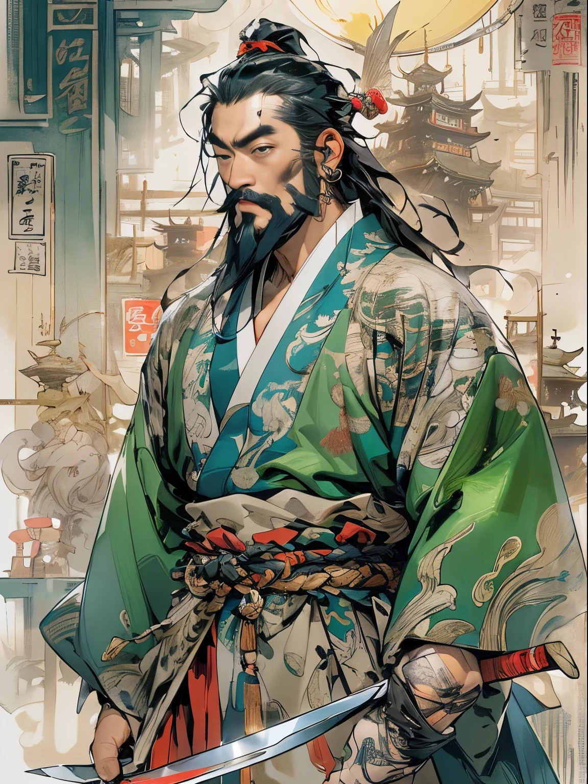 (((China-style,Ink painting method,Half-length portrait,Intense color,Han dynasty, China,Hanfu,Armor,Guan yu,Guan Yunchang,of a guy,Ruddy killing square face,Hold the Blue Dragon Moon Knife in his right hand,Stroke your beard with your left hand,Long hair,petty eyes,Green robe))), (((best qualityer))), (((tmasterpiece))), (((AS-Adult))), ((( Japanese ))), Look up from your knees, Handsome Asian samurai,perfect body figure, Modern samurai, ((( Asian))), Wear gloves on your hands,The left arm is made of steel and metal tips,Made of protective devices, The eyes are pulled, (( Appears below the chest )), (( Small dental floss )), Simon Bisley, Almost ?????(Simon Bisley)Castle City Wilderness,For high-resolution posters, hair straight, Minimum clothing, armure (Crazy clothes ), Full of tips and rivets, tribal tattoos, (((full bodyesbian))), Straight brunette hair,Colored hair ends