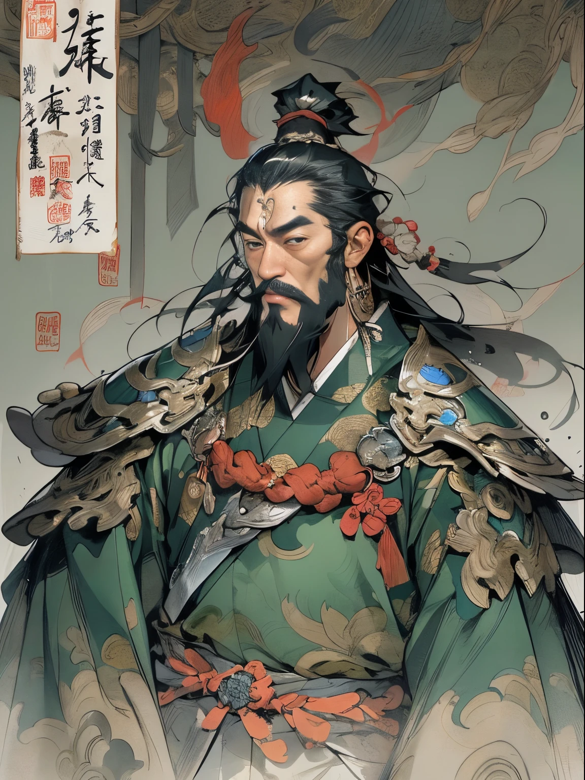 (((China-style,Ink painting method,Half-length portrait,Intense color,Han dynasty, China,Hanfu,Armor,Guan yu,Guan Yunchang,of a guy,Ruddy killing square face,Hold the Blue Dragon Moon Knife in his right hand,Stroke your beard with your left hand,Long hair,petty eyes,Green robe))), (((best qualityer))), (((tmasterpiece))), (((AS-Adult))), ((( Japanese ))), Look up from your knees, Handsome Asian samurai,perfect body figure, Modern samurai, ((( Asian))), Wear gloves on your hands,The left arm is made of steel and metal tips,Made of protective devices, The eyes are pulled, (( Appears below the chest )), (( Small dental floss )), Simon Bisley, Almost naked(Simon Bisley)Castle City Wilderness,For high-resolution posters, hair straight, Minimum clothing, armure (Crazy clothes ), Full of tips and rivets, tribal tattoos, (((full bodyesbian))), Straight brunette hair,Colored hair ends