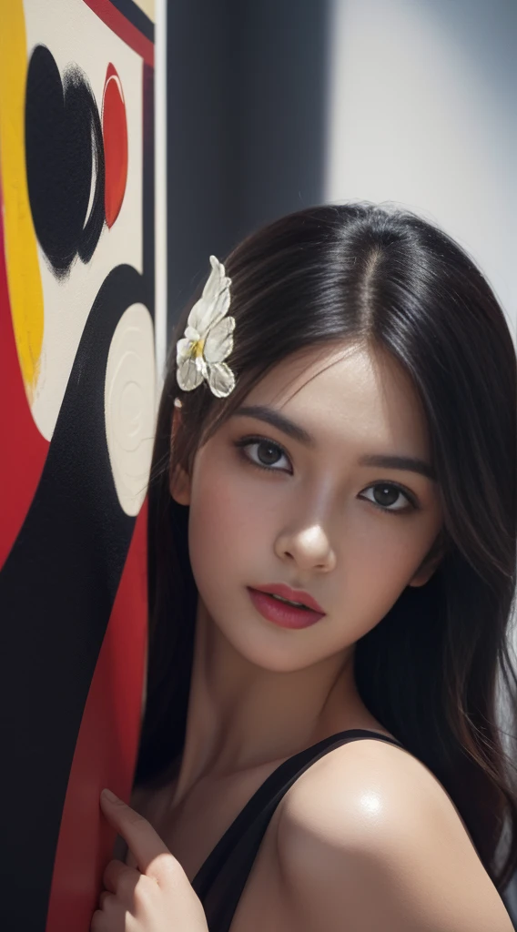 (best quality, masterpiece), (photorealistic:1.4), raw photo, ultra high res, professional, (dark shot, best shadow:1.4), absurdres, ultra detailed, extremely detailed, intricately detailed, HDR, UHD, 64K, 1girl, Opulent, Joyous, extremely delicate and beautiful face, perfect eyes, intricately detailed beautiful eyes, deep story-like eyes, looking afar, elegance, stylish, intricately detailed skin, perfect anatomy, Model surrounded by flowing fabrics or scarves, creating a sense of motion and drama, glamorous dress, contemporary design, sophisticated lines, by Giorgio Armani and Erdem Moralıoğlu, bold color palette, stands at the center, confident pose, (Modern art gallery:1.4), a lot of modern art painting, abstract art background, artistic atmosphere, classic British fashion, close up, dynamic angle, Wide shot, natural light, LUT-adjusted vintage cinematic colors and textures, highlighted features, cinematic mood, film grain, lifelike, taken by Irving Penn and Richard Avedon,