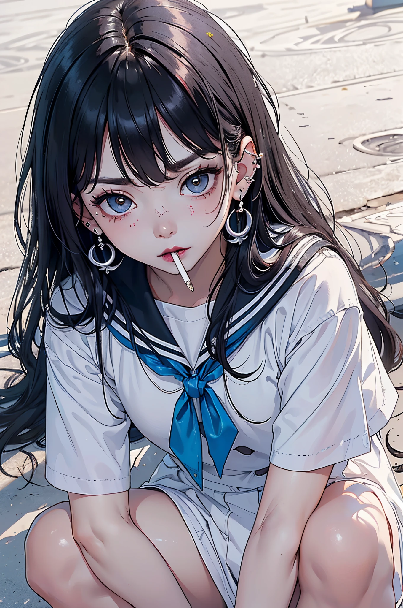 (​master piece:1.4),Hypal Quality, Hyper Detailed,(((Knees wide open)))、(((Crouching)))、(((smoking tobacco)))、(((Long Black Hair)))、bangss、(((Whitening skin)))、(((Pure white lipstick)))、((eyeshadows:1.3))、((Raised corners of the eyes))、(Outrage:1.2)、((Pull the chin))、(((squinted)))、(Kamimei:1.3),(glares:1.4)、((half-opened mouth))、((Wrinkles between the eyebrows))、(numerous piercings in the ears)、(((Breakdown)))、(((White sailor suit)))、Shot diagonally from above