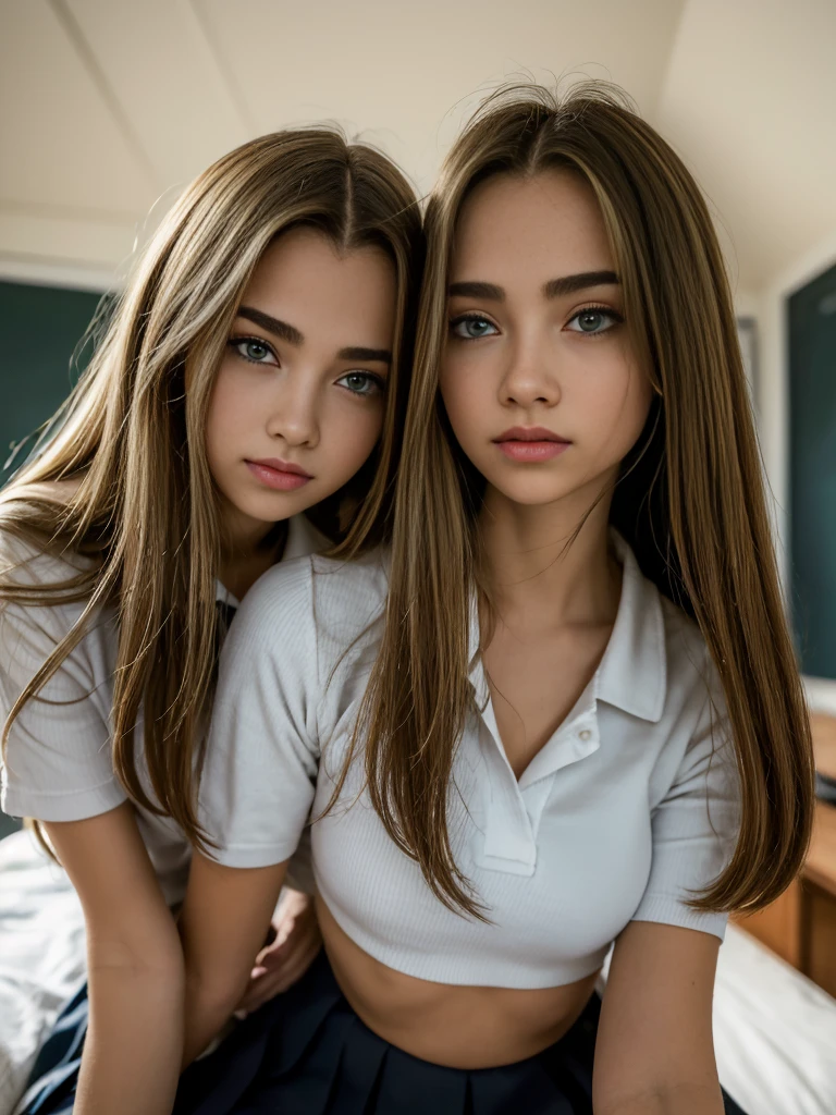 2 young girls, Beautiful girl of the highest grade, Super beautiful detailed face, ((flat chest)), (hi-School uniform with open chest:1.5), (underboob shirt), (Details of a very beautiful face), (Best Quality:1.4), 8K resolution, High resolution, (Photorealistic, High resolution:1.4), Raw photo, (Realistic, Photorealsitic:1.37), Gloss on lips, Long hair, Parted lips, Staring out at viewer, bedroom,