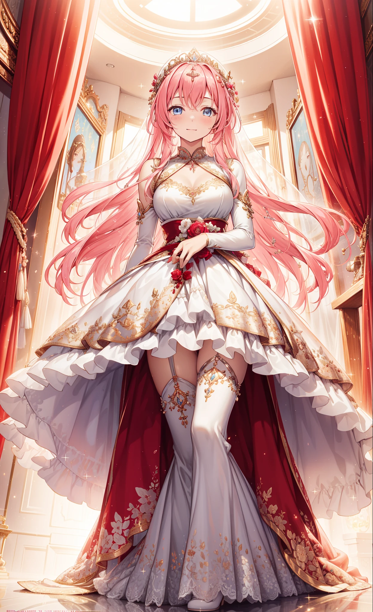 (Best quality at best, A high resolution, ctextured skin, high high quality, high detal,Extremely detailed CG unification),Eighteen-year-old woman，obsessed，Divine happiness，In love，having fun，(Heavenly Maxi and Ballgown Combinations)，with pink hair，eBlue eyes，(Fabric headdress)，Maximalism，multi-layered ruffles，Lace，delicate embroidery，delicate patterns，Fabric headdress，dress nicely，sheer transparent clothes，Bedrooms，Sparkling，reflector，(Looks like&#39;covered by transparent skirt:1.1)，电影灯光，the only person，Fluttering skirts，exquisite and beautiful face