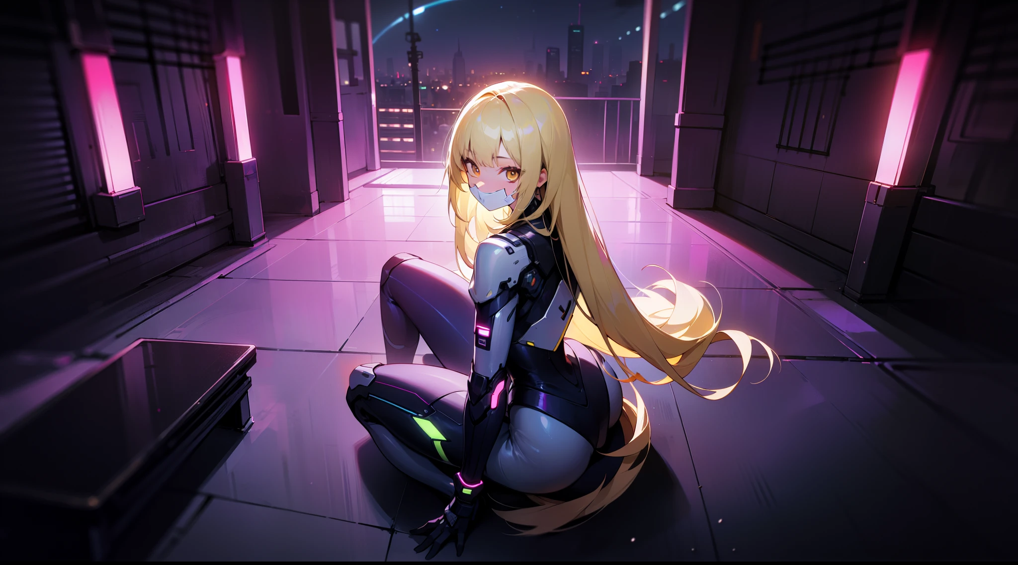 masterpiece, best quality, sitting, full body, indoors, from side, 
1girl, blonde hair, long hair, straight hair, yellow eyes, bangs, cyber armor, skin tight, neon trim, face mask, from above, from behind, turning head, looking at viewer, looking back, night sky, neon lights, Mysterious