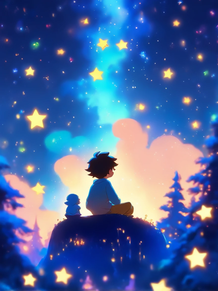 boy,Sit on top of a hill,Stars sparkle all around,some small stars scattered in the night sky,sparkling in the night sky,There are also a few little yellow stars flying around the littleute and dreamy style,Cute and dreamy,Styled in deep sky blue and light gold,cartoony,pixar-style,cartoonish style,Animation style,Fairy tale--niji 5