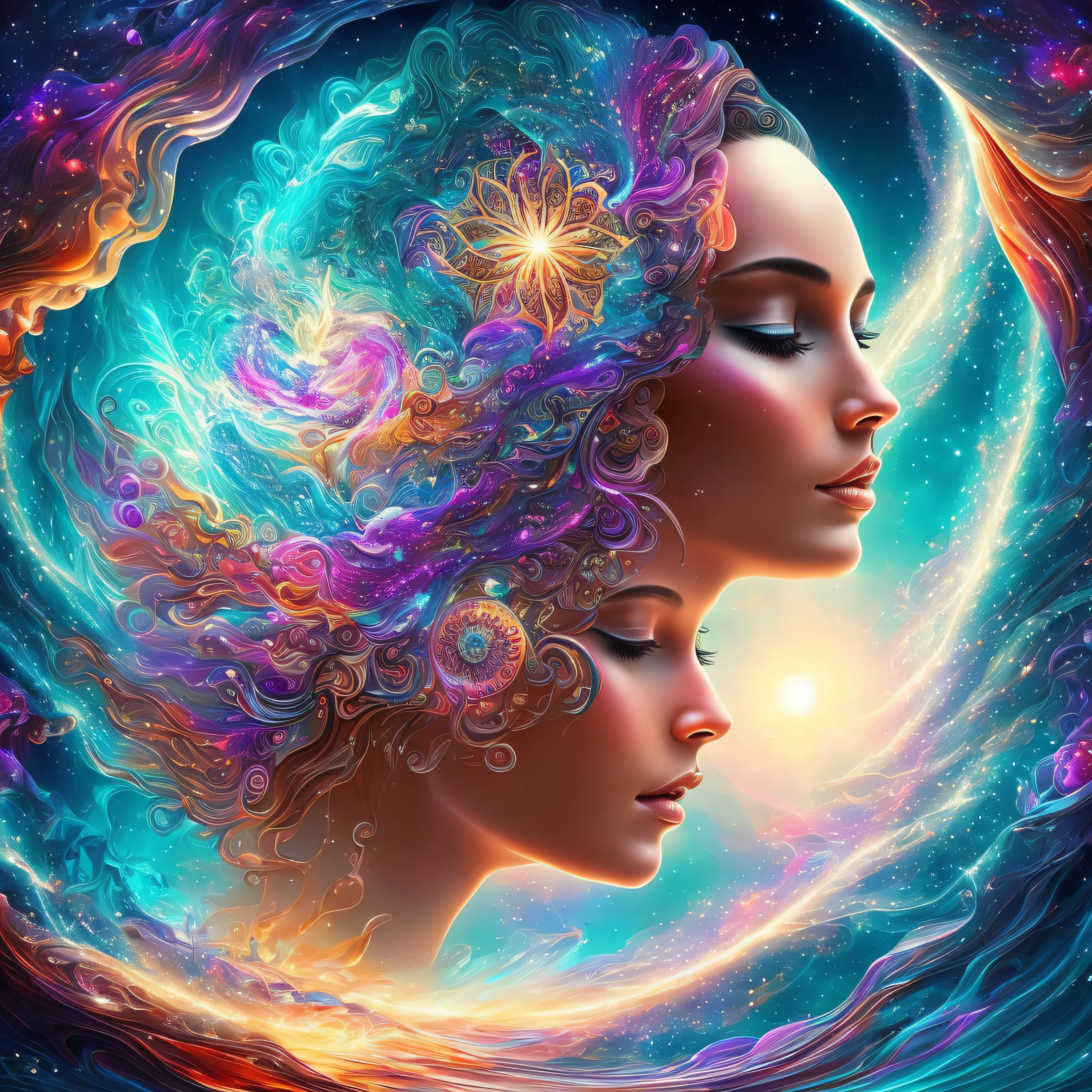 Plunge into the ether that flows with the eternal soul through the vibrations of love, Everything is connected, Flowing energy, spiritual, divine, Dreams, cosmic, concept-art, Blowing the Mind, Female beauty, god, Pineal gland, dreamlikeart