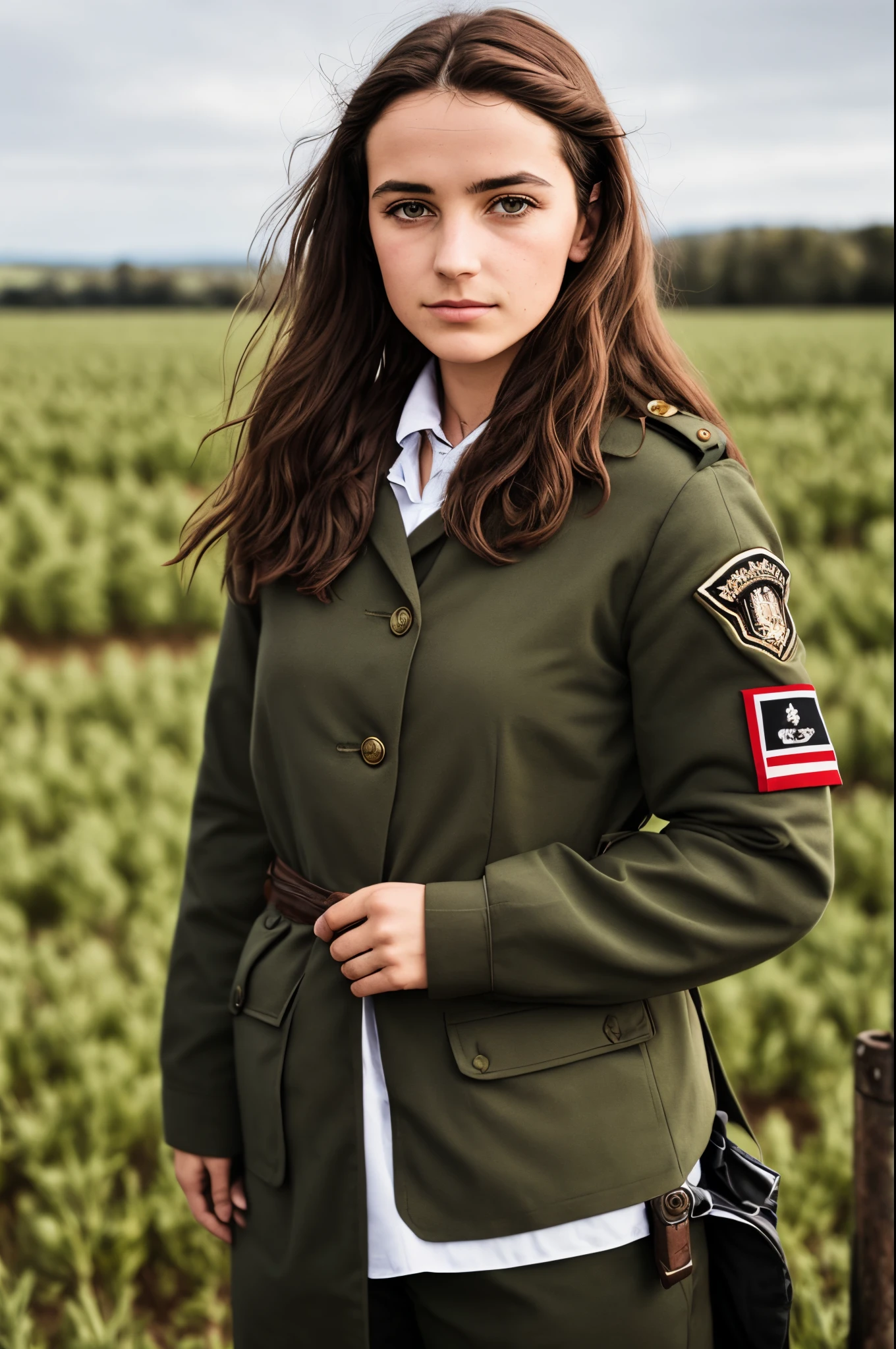 Photographie portrait d'une jeune femme française heroique ultra détaillé portant un uniforme allemand dechiré au milieu d'un champs de bataille en alsace