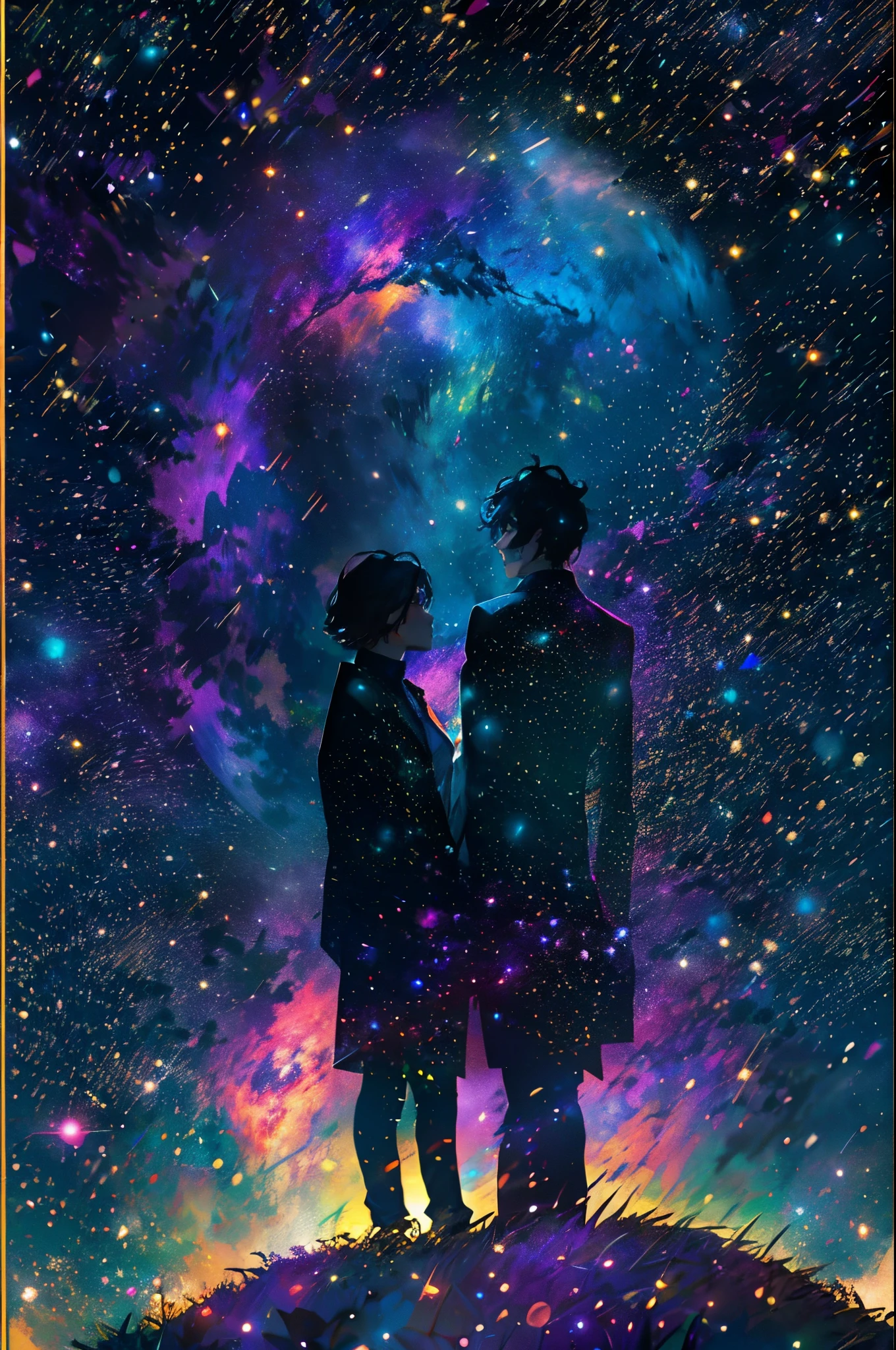double contact,Oliver Morris double exposure photography style,Couple silhouette,Close-up cleavage,Sparkling starry sky,Colorful,vivd colour,a true,フォトリアリスティック,k hd,8K分辨率,tmasterpiece