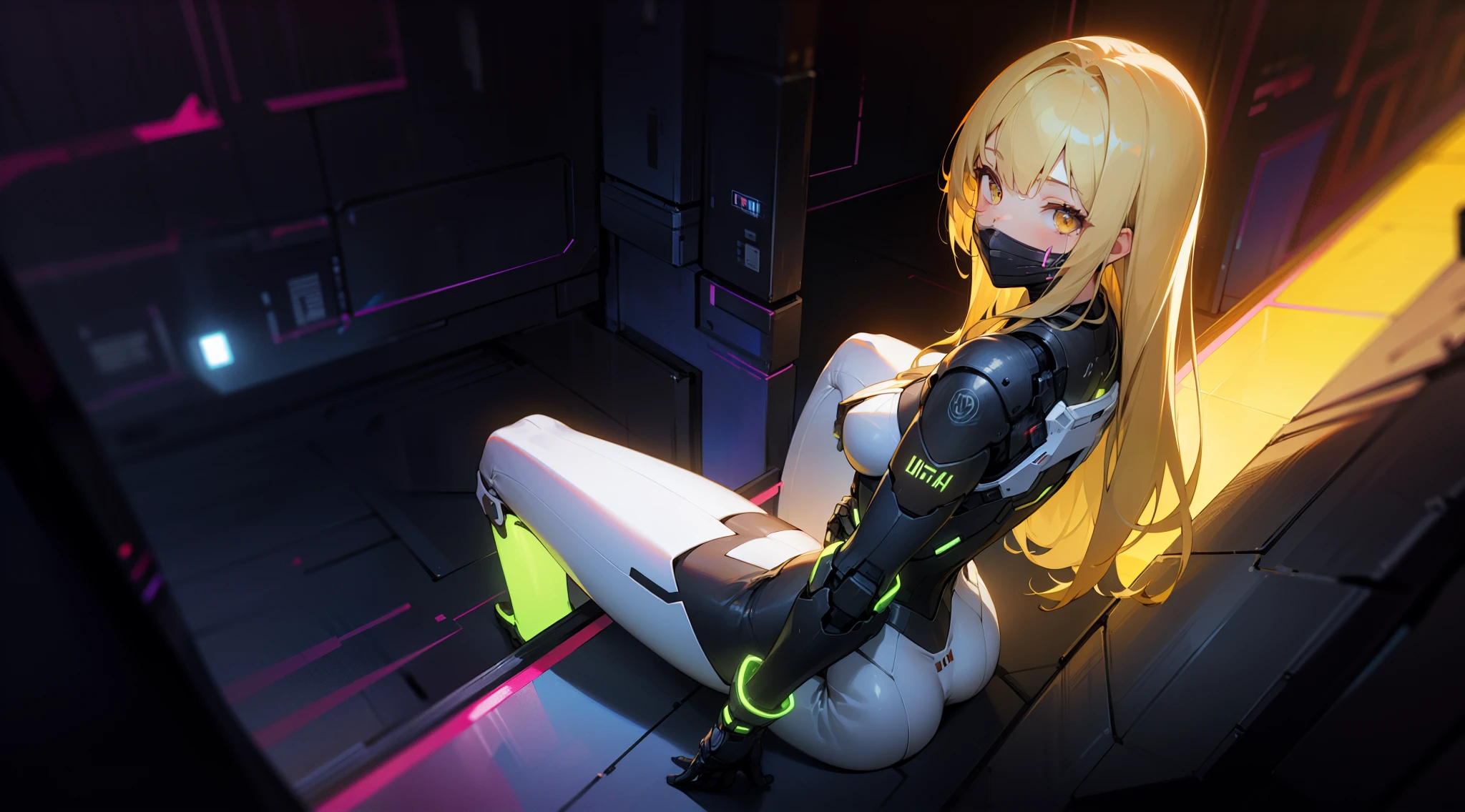 masterpiece, best quality, sitting, full body, indoors, from side, 
1girl, blonde hair, long hair, straight hair, yellow eyes, bangs, cyber armor, skin tight, neon trim, face mask, from above, from behind, turning head, looking at viewer, looking back, night sky, neon lights, Mysterious